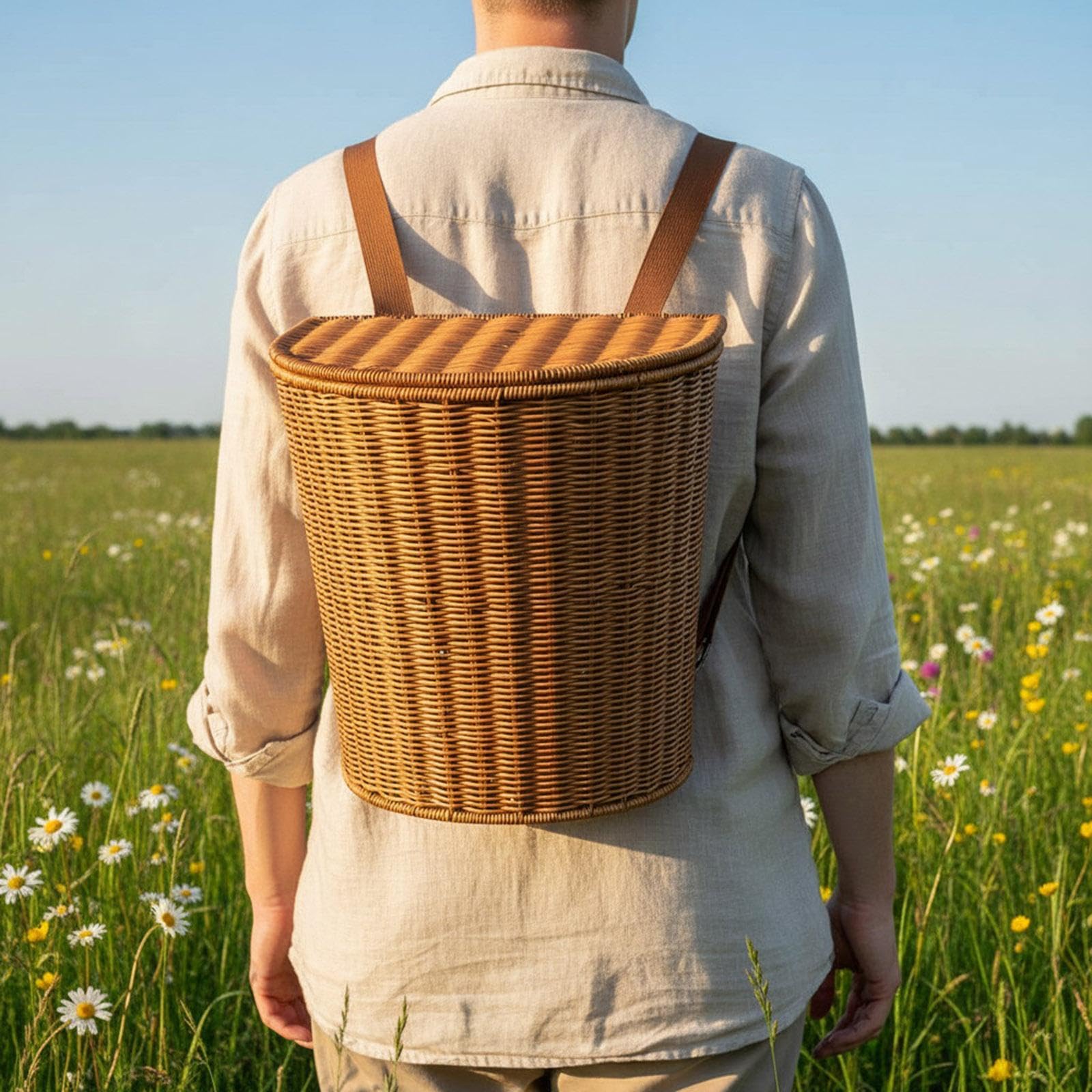 Cesta para Recoger Hojas de Té, Cesta de Flores, Mochila de Compras Tejida a Mano, Cesta de Picnic, Material PP Portátil, Adecuada para Acampar, con Tapa
