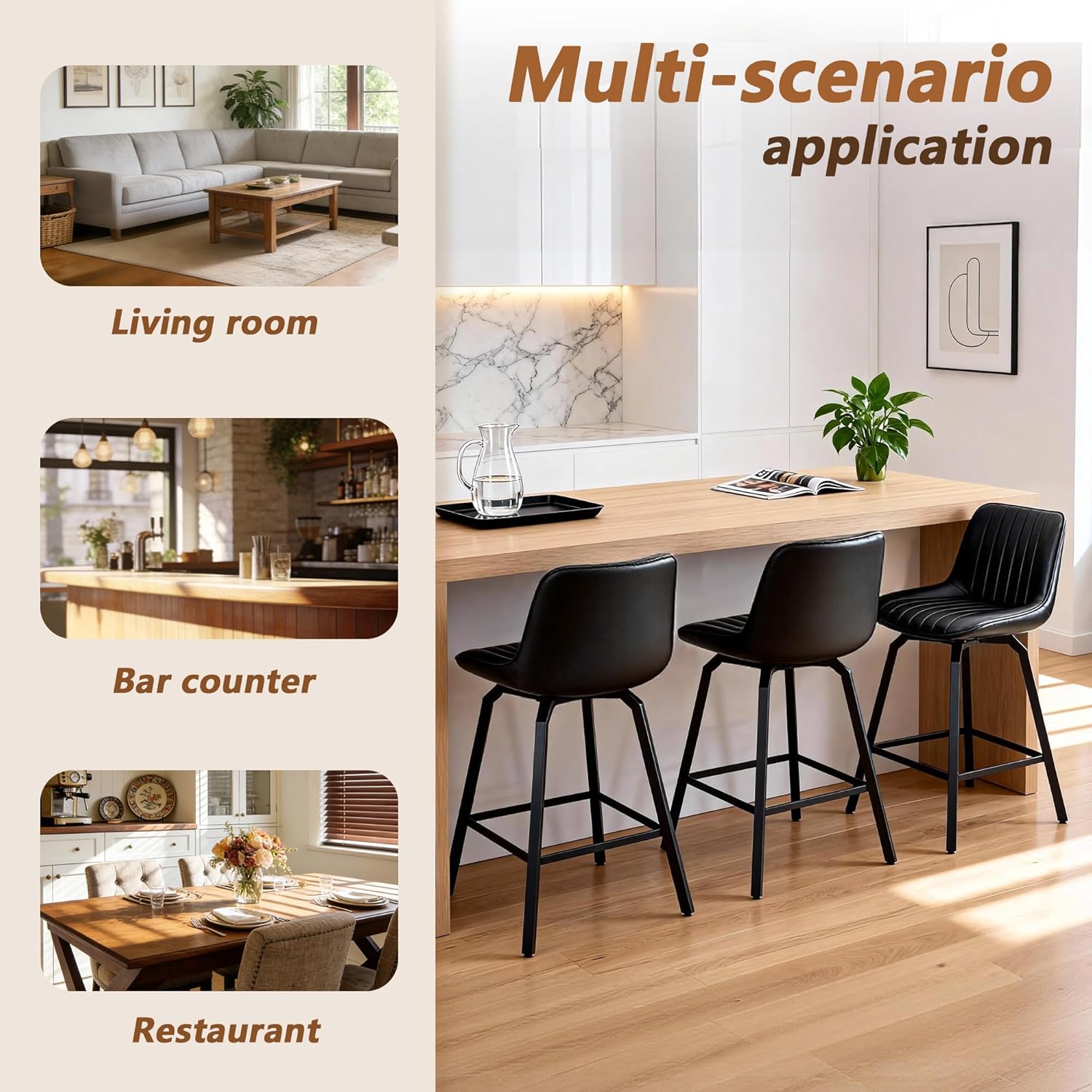 26" Counter Height Bar Stools Set of 4, 360°Swivel Bar Stools Stripes PU Leather, Island Stools with Back and Metal Legs, Bar Chairs for Kitchen, Bar, Dining Room, Black
