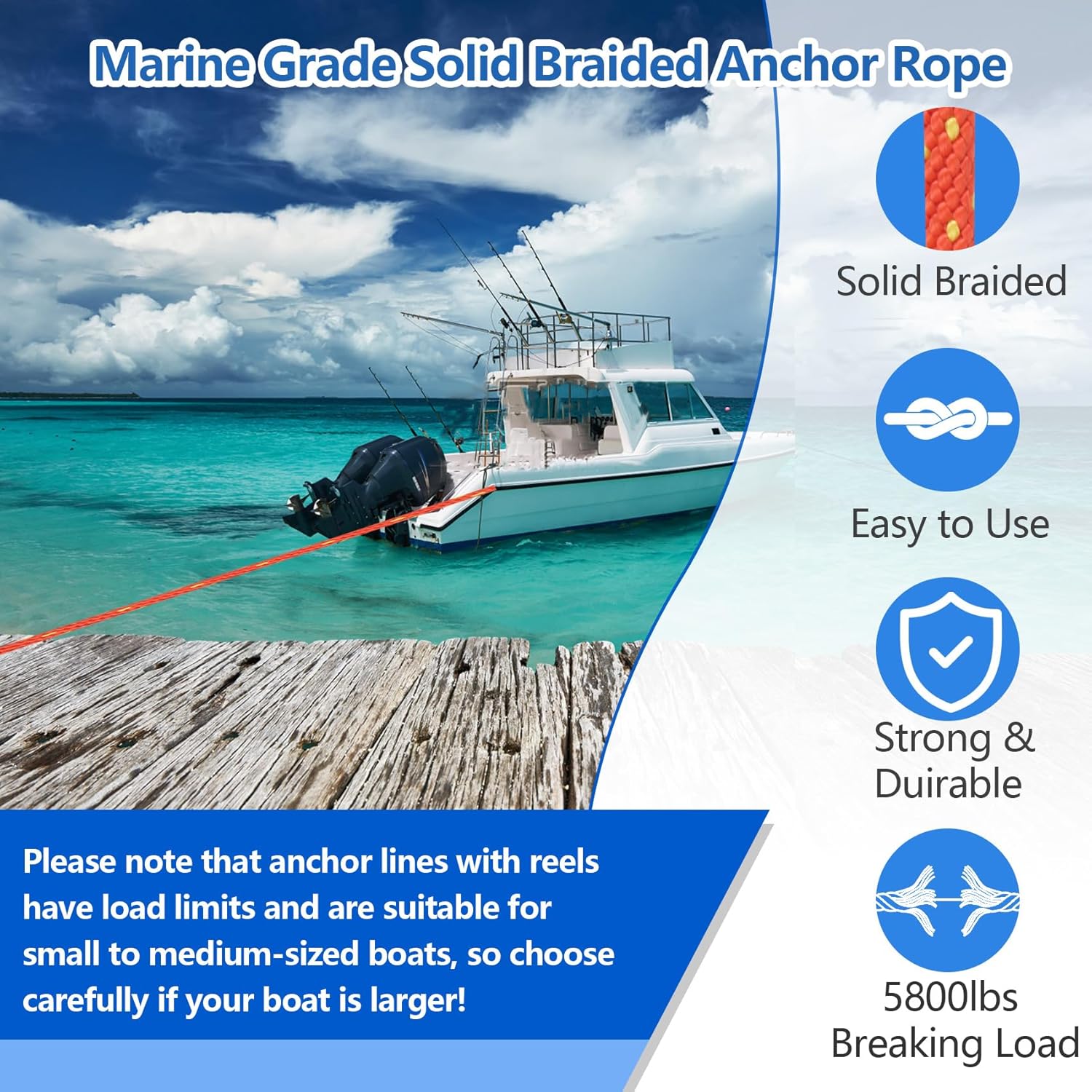 Anchor Rope 50 Ft x 3/4 Inch Premium Solid Braid MFP Anchor Line with 316 Stainless Steel Thimble and Heavy Duty Shackle Marine Boat Rope - Orange/Yellow