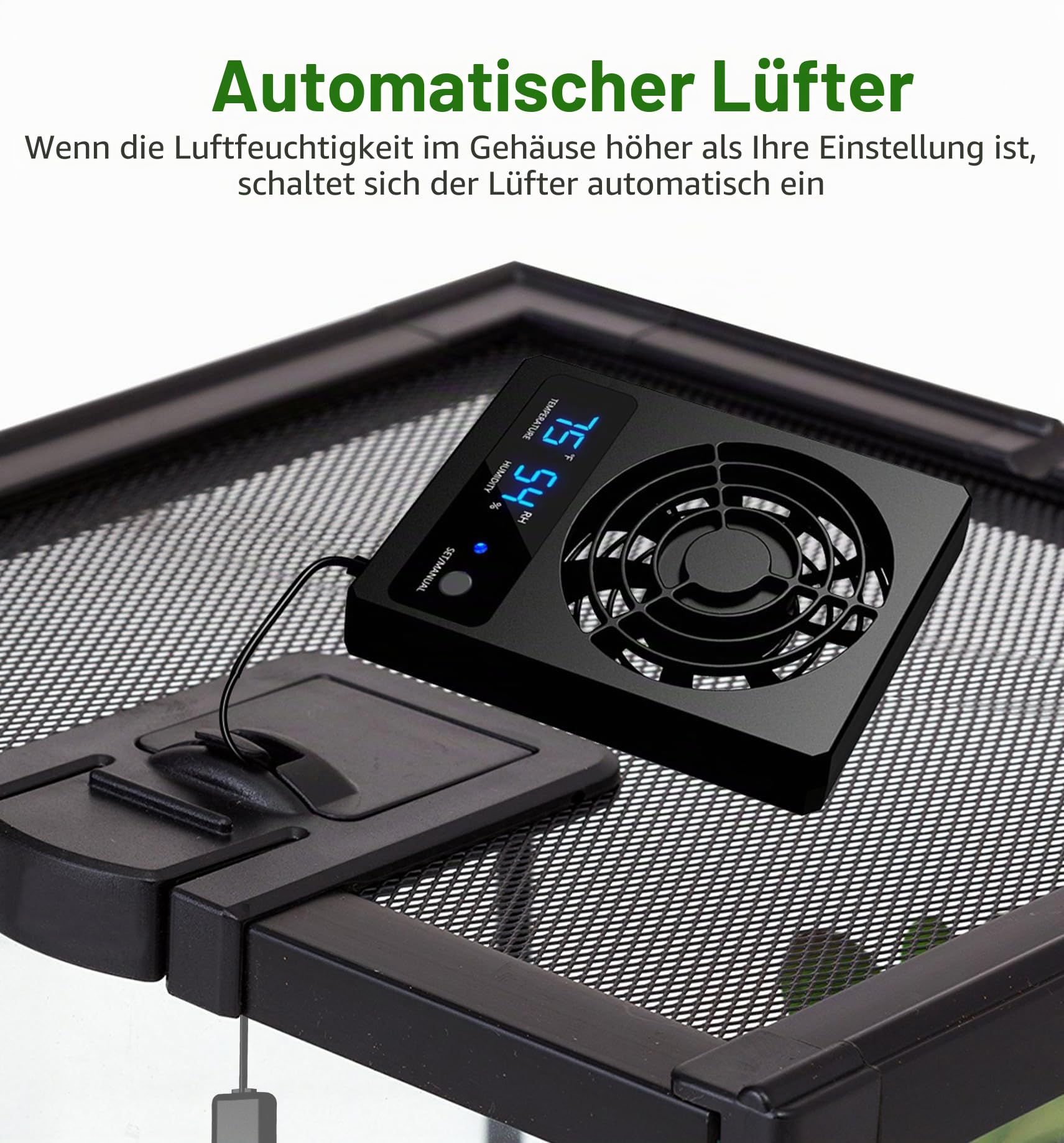 Reptilienlüfter Lüfter, Einstellbare Geschwindigkeit, Feuchtigkeitskontrolle, Luftentfeuchter für Terrarium, Vivarium, Amphibien, Reptilien, Schlangen