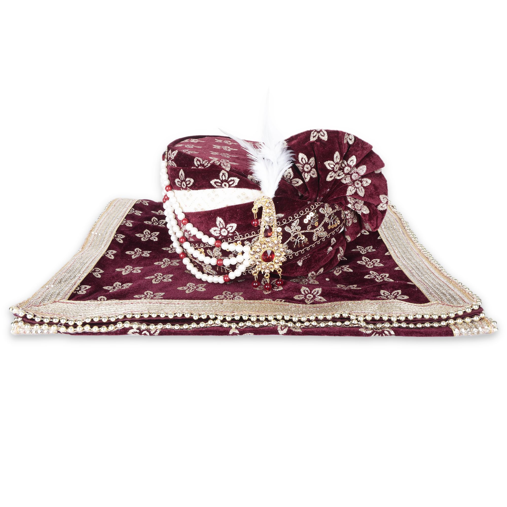 Men Cotton Blend Printed Groom's Safa Shawl Stole Set, Wedding Safa/Turban with Stole, Dulha Pagdi Dupatta (Maroon)-image-2