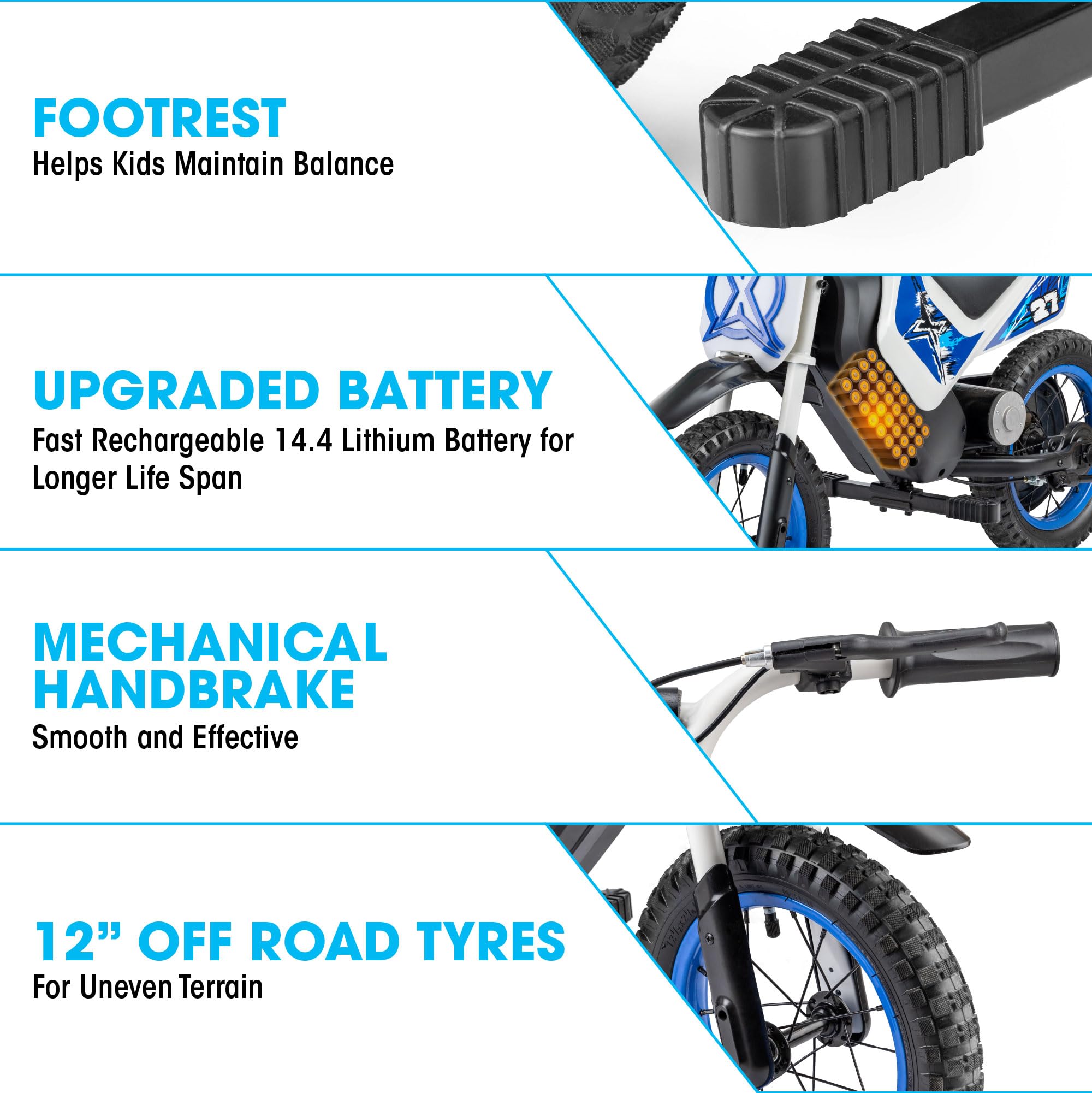 Xootz Cobolt - Moto elettrica per bambini, 150 W, 8/16 km/h, modalità di velocità, batteria al litio da 14,4 V, freno a mano, sedile imbottito e parafanghi, regalo per moto