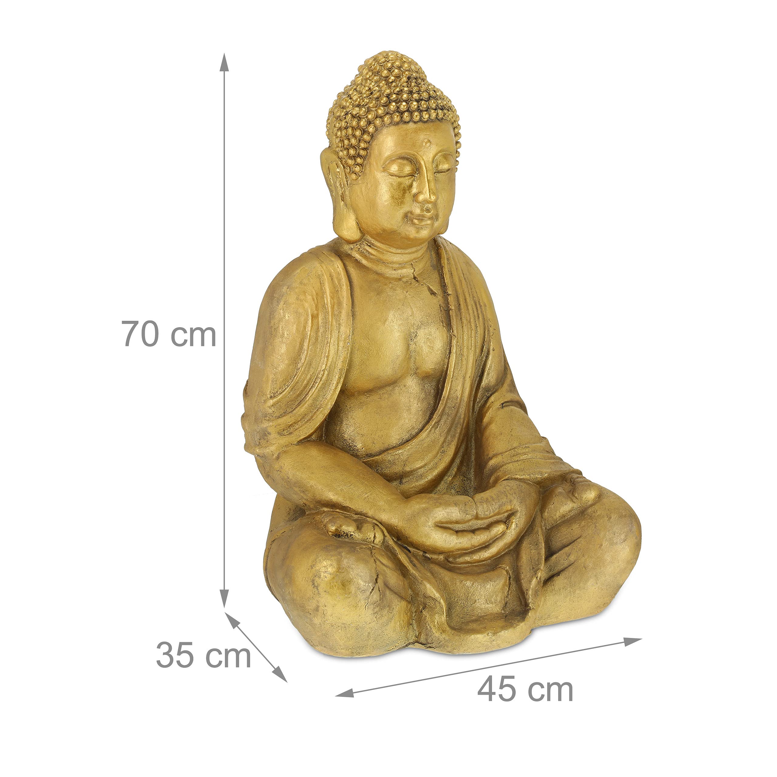 Relaxdays Buddha, Figura da Giardino, Resistente alle Intemperie, Buddha Seduto, Poliresina, HBT: 70x45x35 cm, Dorata