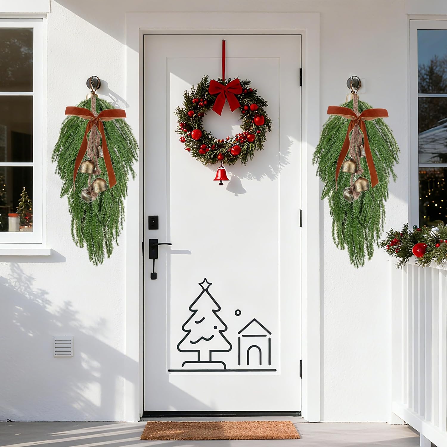 Palonu 2 Pcs Christmas Norfolk Pine Teardrop Swag, 23.6 inch Green Teardrop Swag Faux Greenery Ornaments for Xmas Door Table Mantle Fireplace Indoor Outdoor Decor