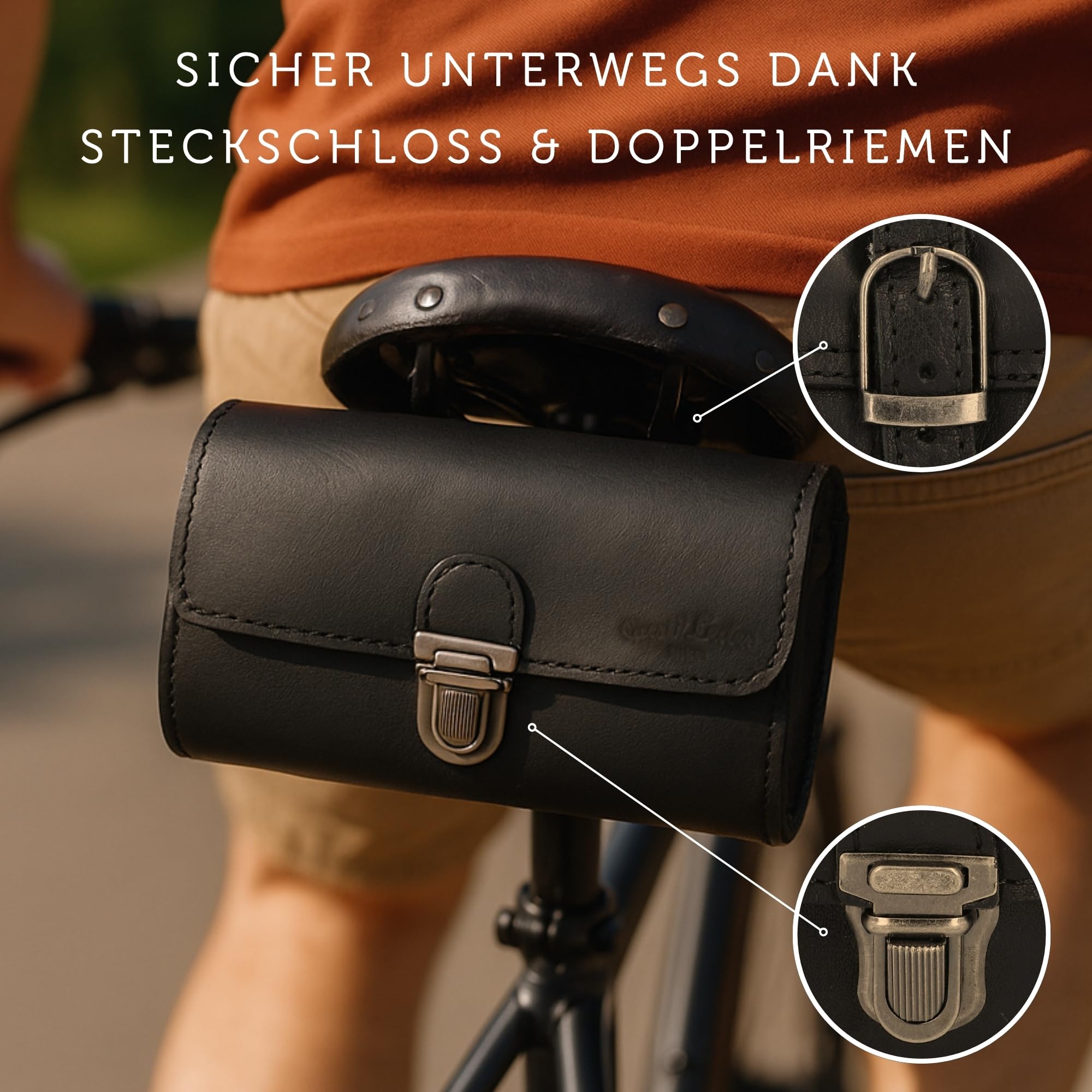 Gusti Satteltasche Leder – Wolfgang L. – Kleine Fahrradtasche Leder für Sattel, Lenker oder Gepäckträger – Praktische Retro Fahrradtasche