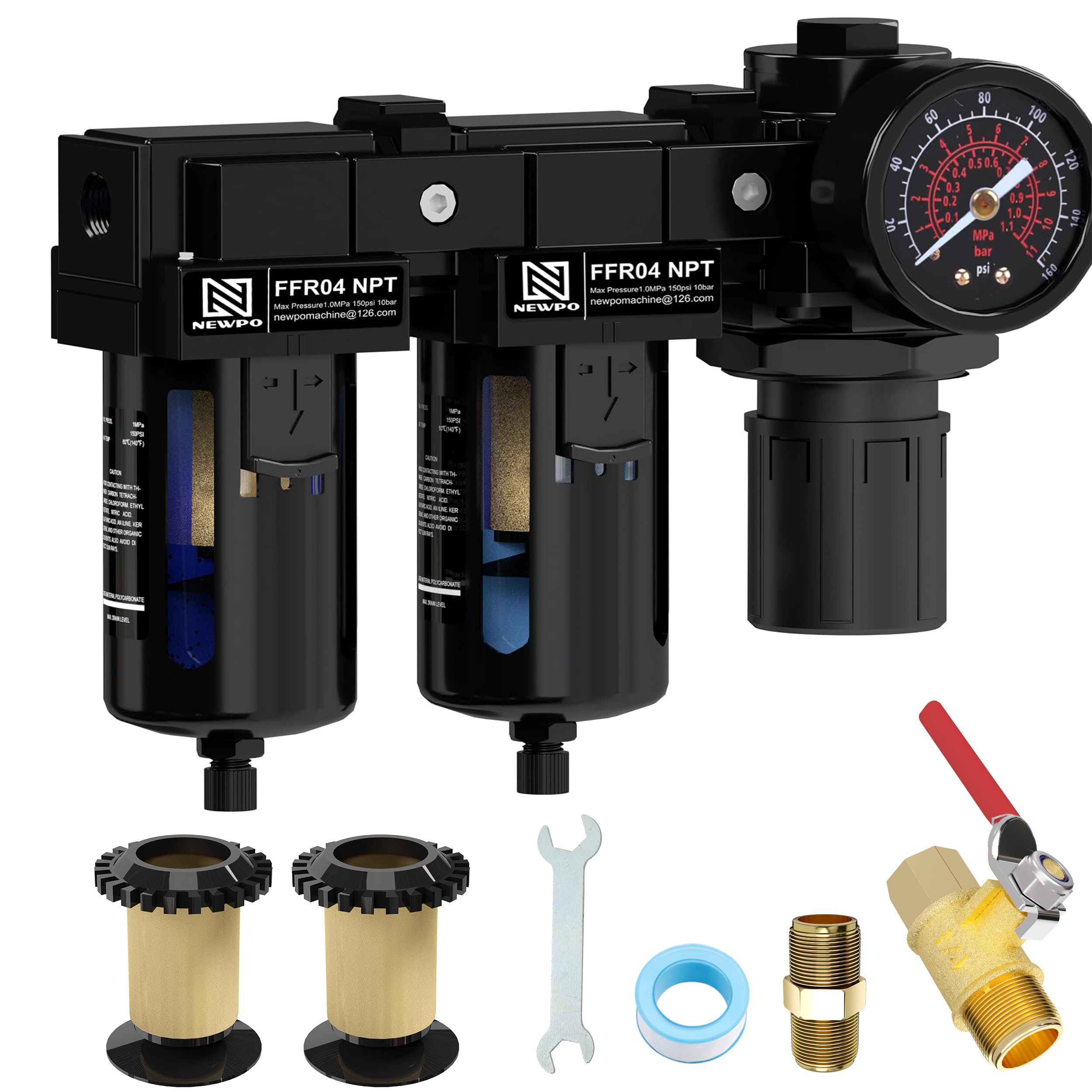 NEWPO Sepatator dell'acqua dell'aria NPT da 1/2 "per compressore d'aria, regolatore di pressione dell'aria con manometro, cartuccia filtrante a doppio filtro in ottone da 5 micron, semi-automatico