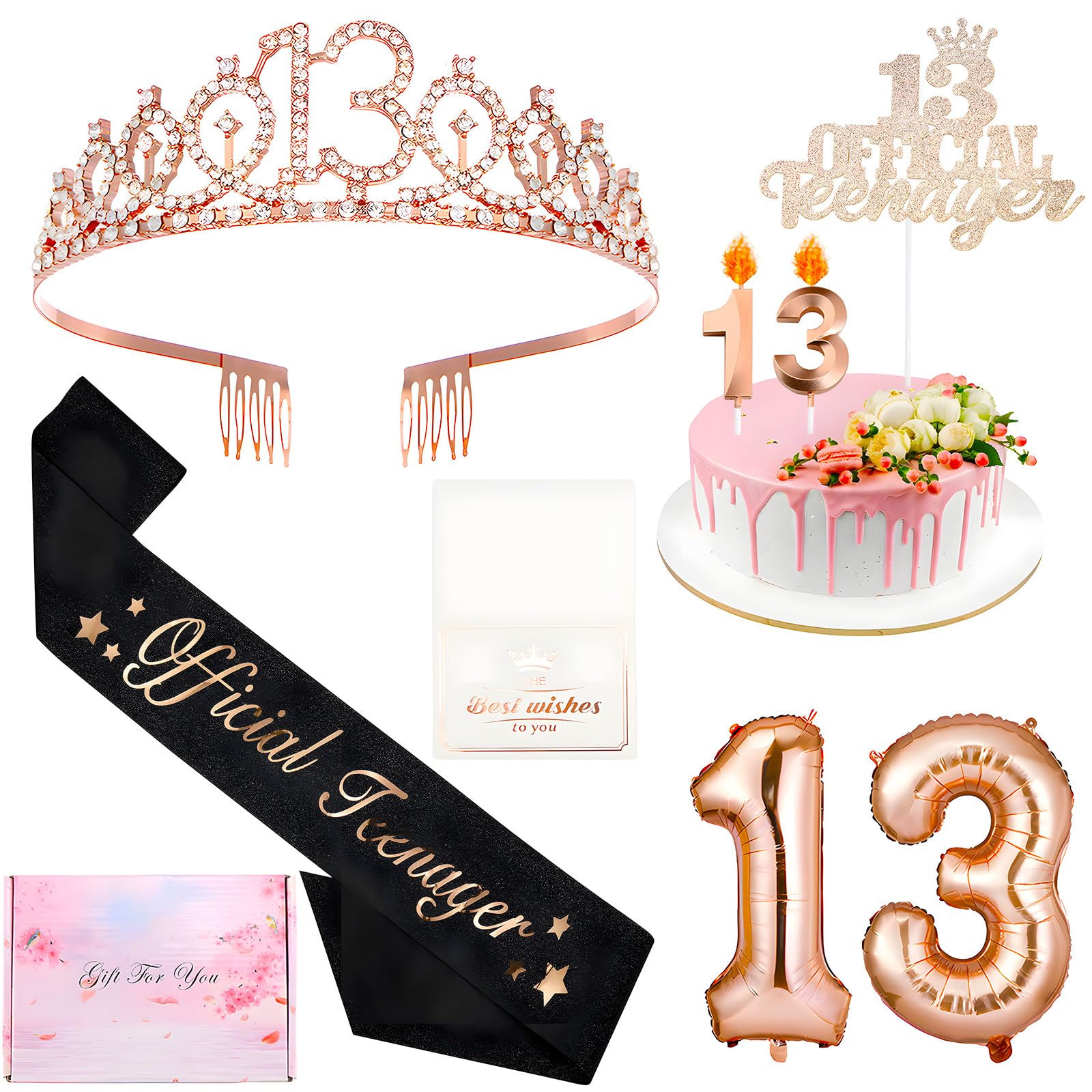 13.Geburtstag Mädchen Deko 13.Geburtstagsschärpe Krone Kerzen Luftballons für 13 Geburtstag Mädchen Party Deko Supplies Teenager Geschenke