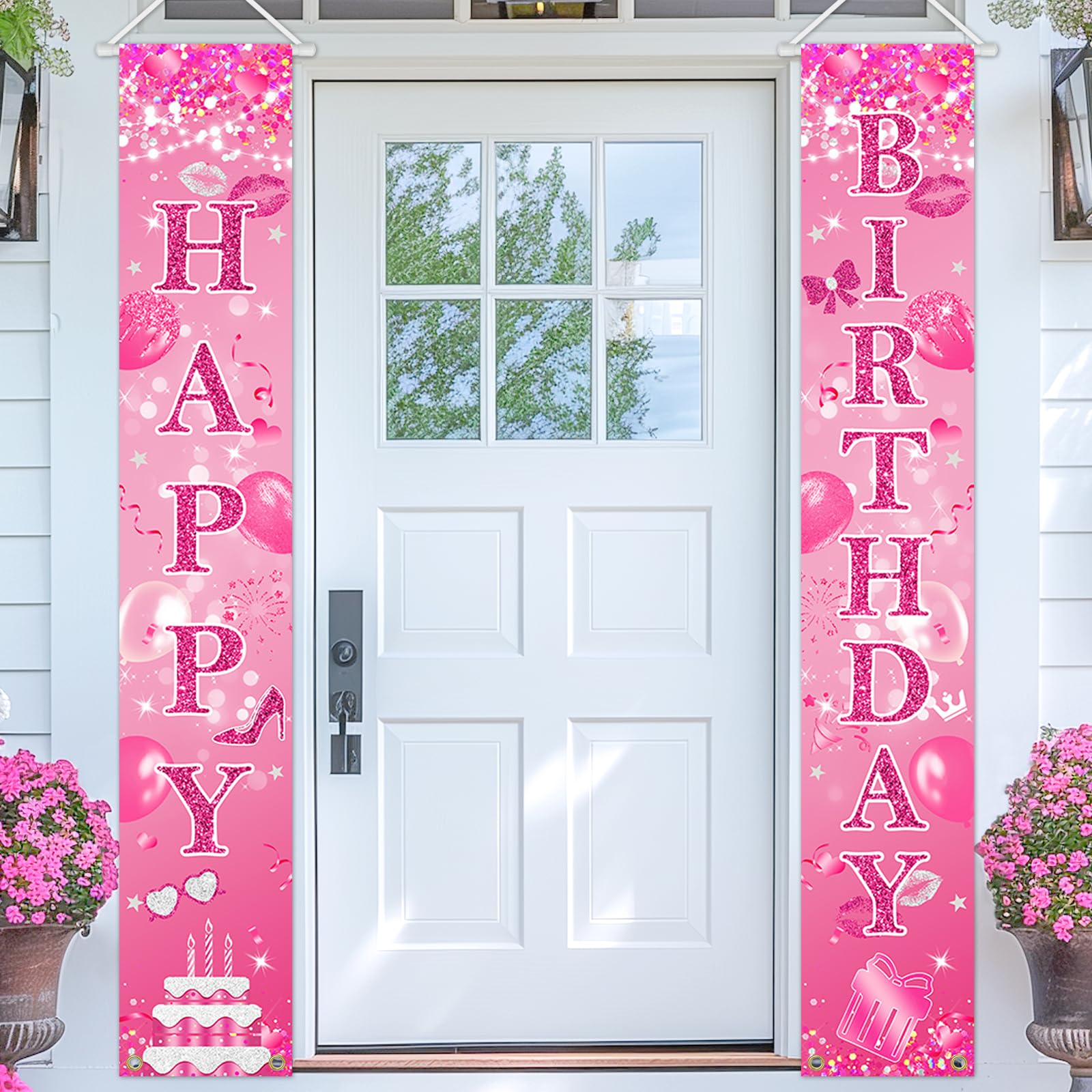 Photo 1 of Avezano Hot Pink Birthday Decorations Happy Birthday Door Banner for Women Girls Pink Party Decorations Supplies Outdoor Indoor