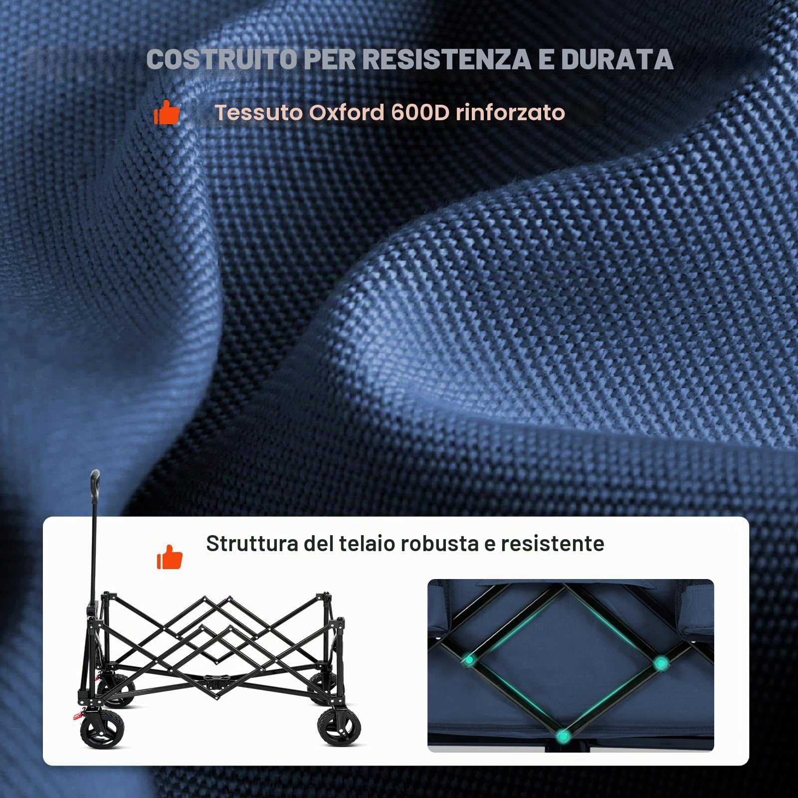 Overmont Carrello da Giardino Pieghevole - Carrelli da Trasporto 150L 150 kg con Maniglia regolabile Freni Tasche a Rete - All-terrain Staccabile Ruote - per Campeggio Shopping Sport Spiaggia