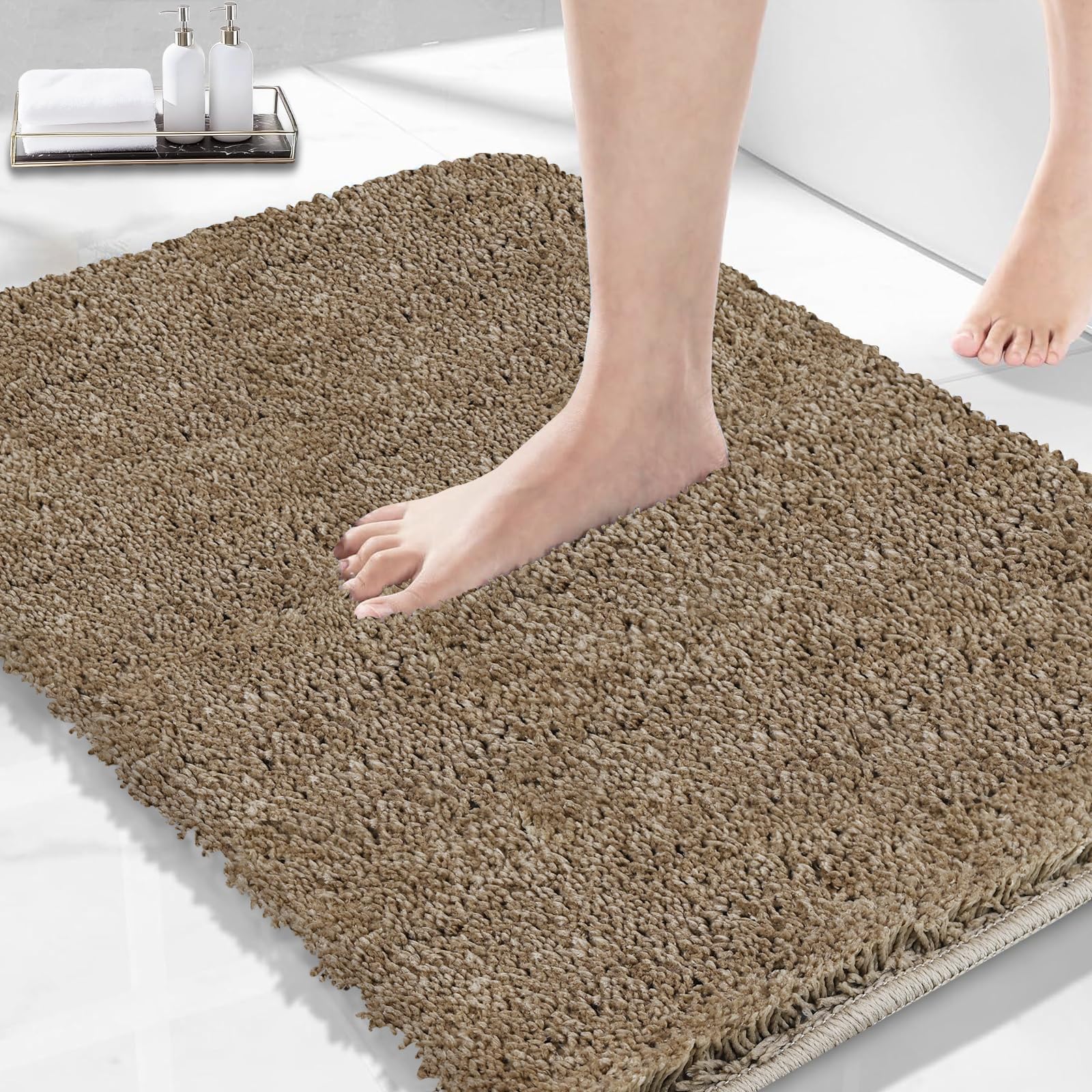 PROOVEELLY Brown Bathroom Rugs 27.5"x19.6", Extra Soft Absorbent Thick Shaggy Bath Rugs, Non Slip Quick Dry Bath Mat, Machine Washable Bath Rugs for
