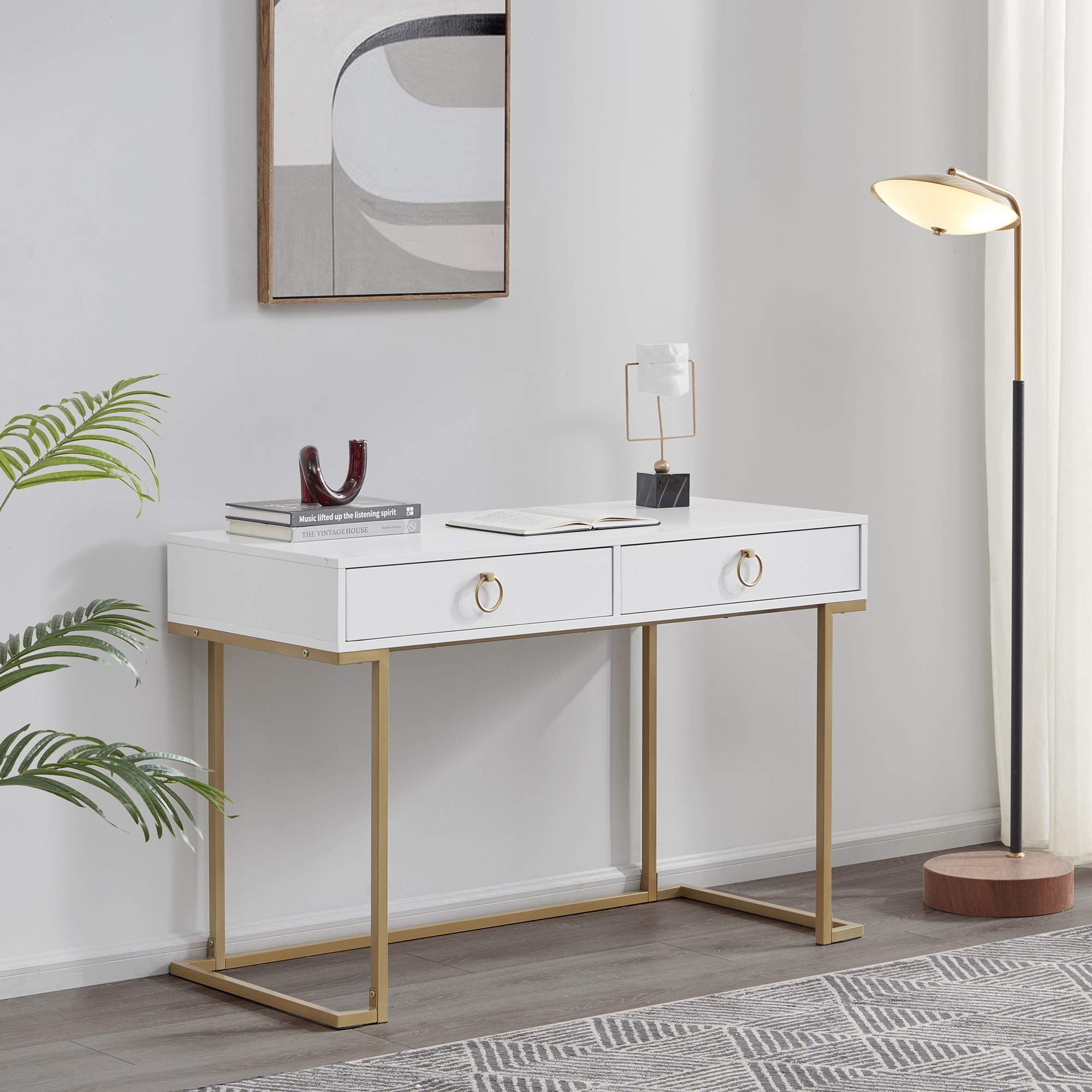 BELLEZE Modern Home Office Computer Desk, Makeup Vanity Console Table, Matt White with Gold Leg(Top only)