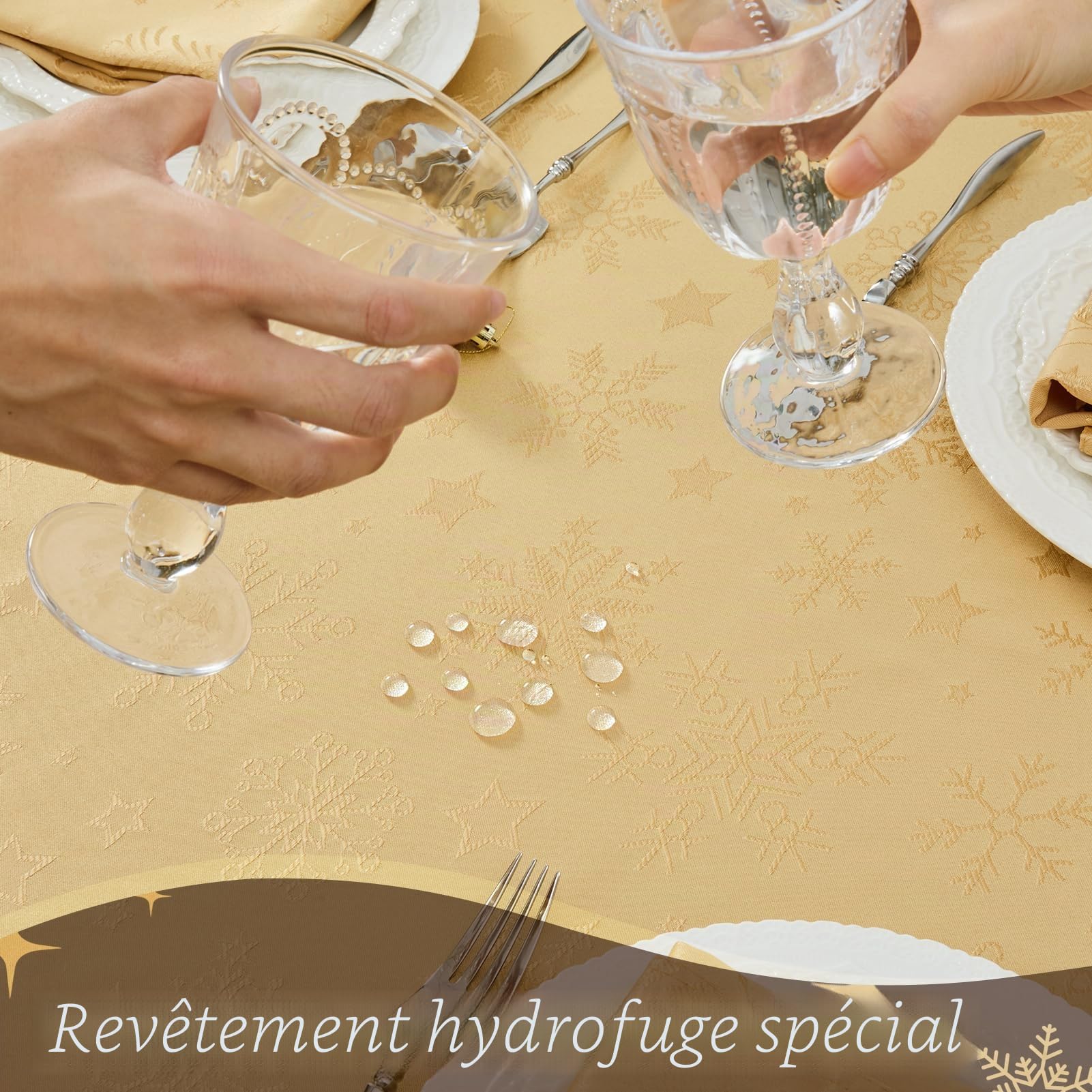 Romanstile Nappe de Noël rectangulaire 350x150 cm dorée, Grande Nappe Anti-Tache ornée d’Un Motif Jacquard de Flocons de Neige et d’étoiles élégantes, Parfaite pour Les Longues Tables de Banquet