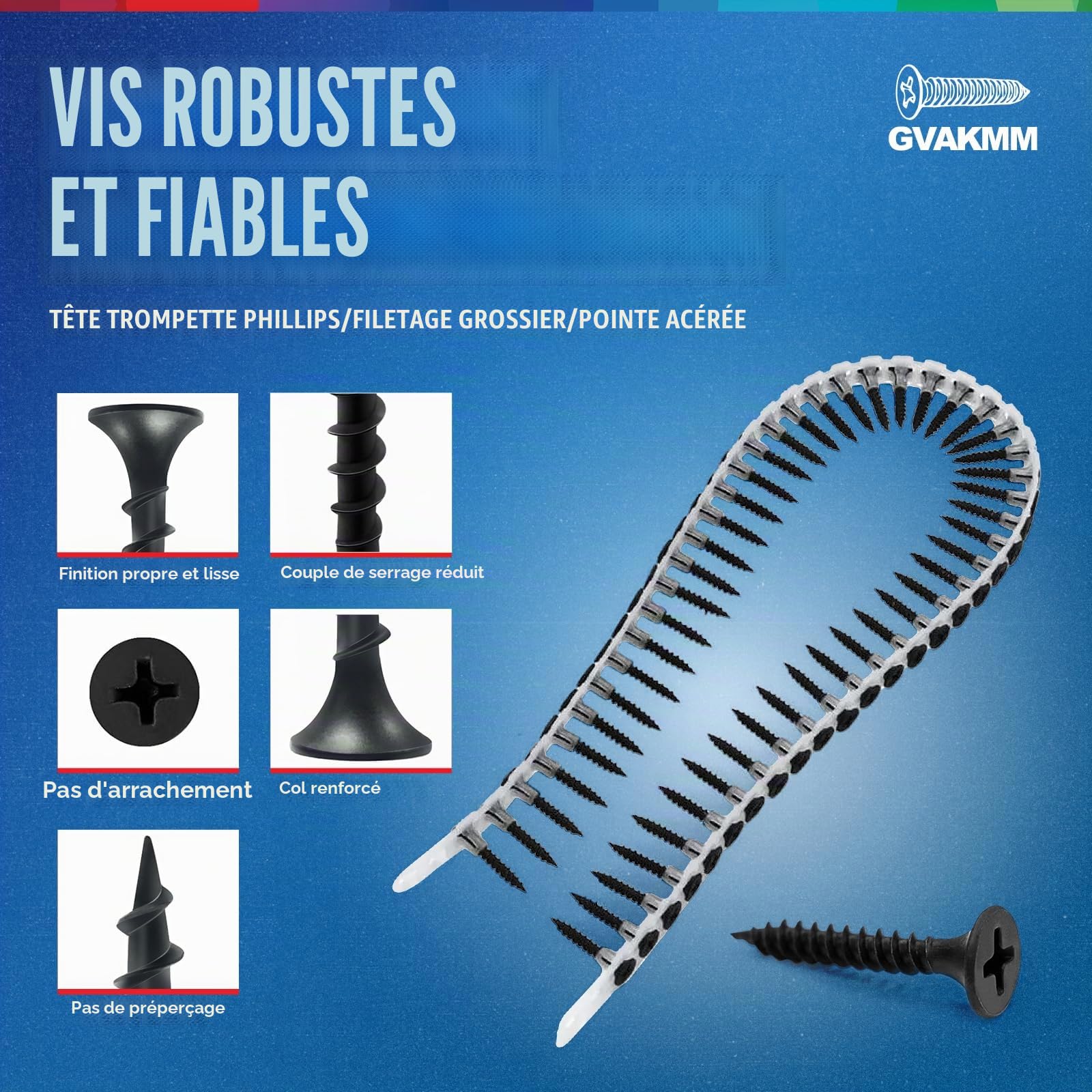 1000 Pièces Vis en Bande pour Plaque de Plâtre 3,5 x 41 mm – Vis Collationnées Noir Phosphatées, Filetage Large pour Bois, avec Seau de Rangement