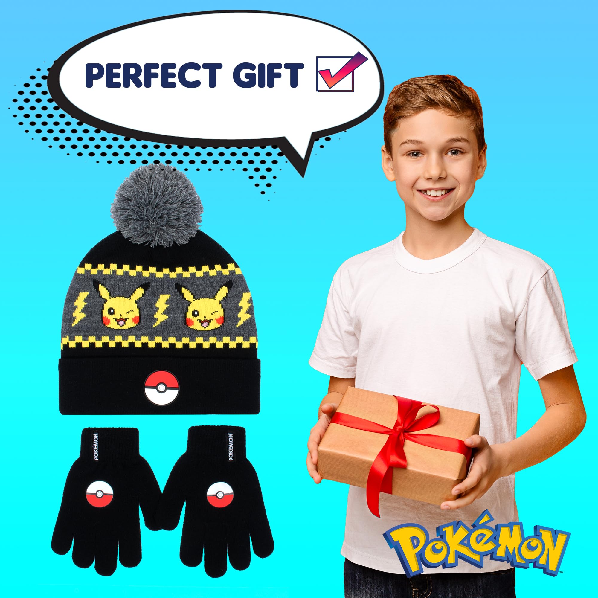 Pokemon - Winter Warm & Comfy Beanie Hat & Gloves Set for Boys - Pikachu Design - Perfect for Boys 6-12 Years
