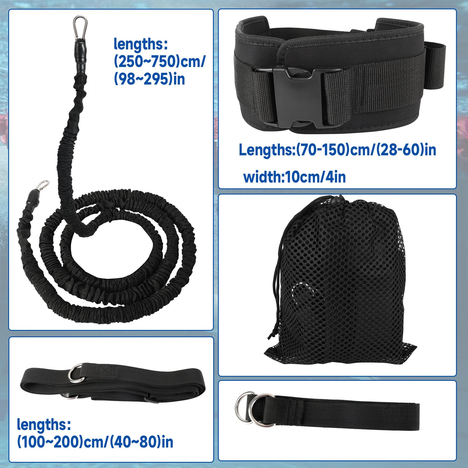 Ceinture d'entraînement de natation de 2,5 à 7,5 m, sangles élastiques de natation avec ceinture réglable et harnais stationnaire, aides à la natation pour adultes et enfants