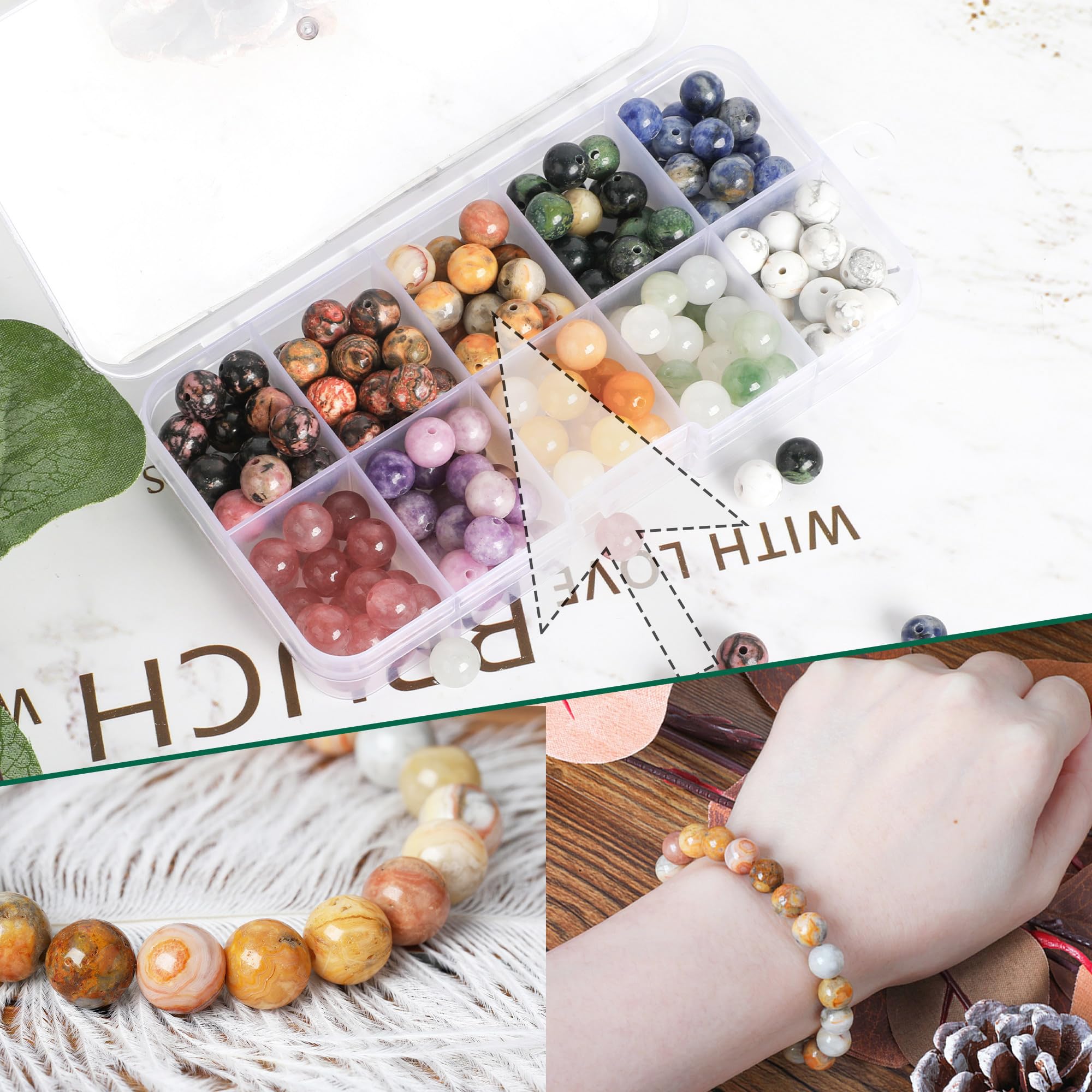 SOSMAR 200 Cuentas Redondas de Piedras Naturales 8mm para Joyería - 10 Tipos (Cuarzo Fresa, Ágata de Encaje Loco, Howlita Blanca) - Pulseras, Collares, DIY Manualidades (estilo D)