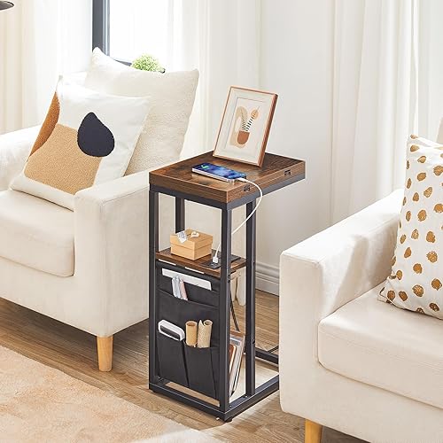 Miniatura 5 de HOOBRO Mesa auxiliar en forma de C con estación de carga, mesa auxiliar plegable con bolsa de tela, mesa de sofá, mesa de café, mesa de aperitivos