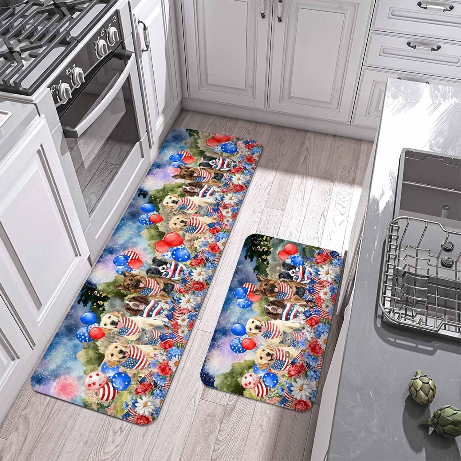 Independence Day Dog Cat Kitchen Mat Set 2 Pieces Red Blue American Flag Firework Balloon Flower Non Slip Kitchen Rugs Washable Runner Rug Mats for Sink Laundry (19.7" x 31.5"+19.7" x 47.2")