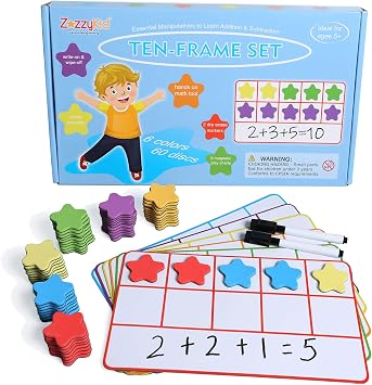 ZazzyKid Magnetic Ten-Frame Set Math Manipulatives for Classroom Learning Counting Games for Kindergarten Kids - 6 Frames & 60 Star-Shaped Counters - Hands-on or Stick to Whiteboards