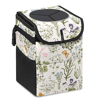 Car Trash Can with Lid Vintage Botanical Wildflowers Collapsible Reusable Leak-Proof Auto Garage Bag,Hanging Vehicle Car Accessories Interior Car Organizer