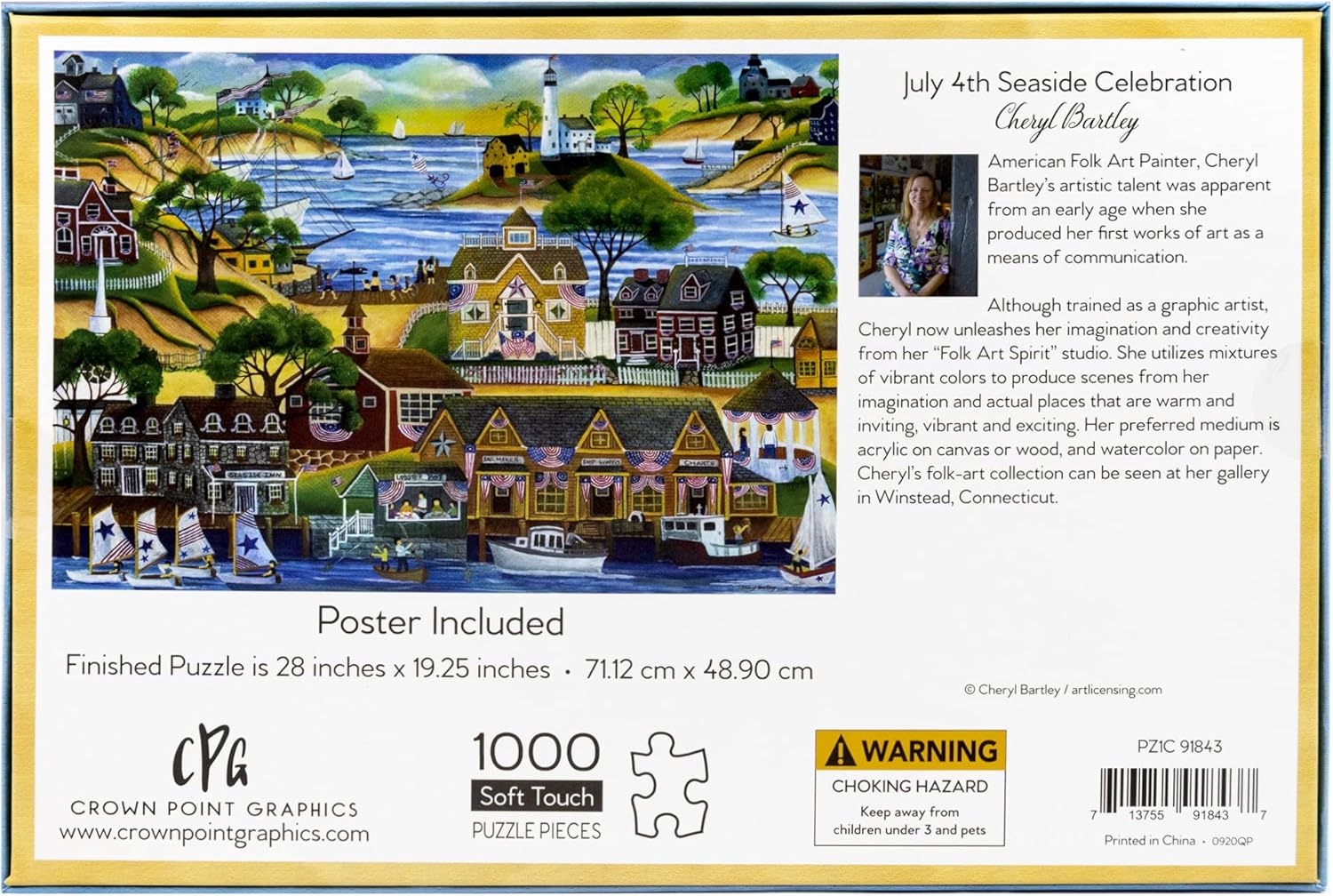 Crown Point Graphics July 4th Seaside Celebration - 1000 Piece Jigsaw Puzzle - Artist Cheryl Bartley - Soft Touch Design - New England Americana Puzzle with Tall Ships, Sailboats and Lighthouse