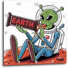 3dRose Funny Cute Martian Space Alien on Mars Eating Earth Candy Bar Satire 15x15 Wall Clock