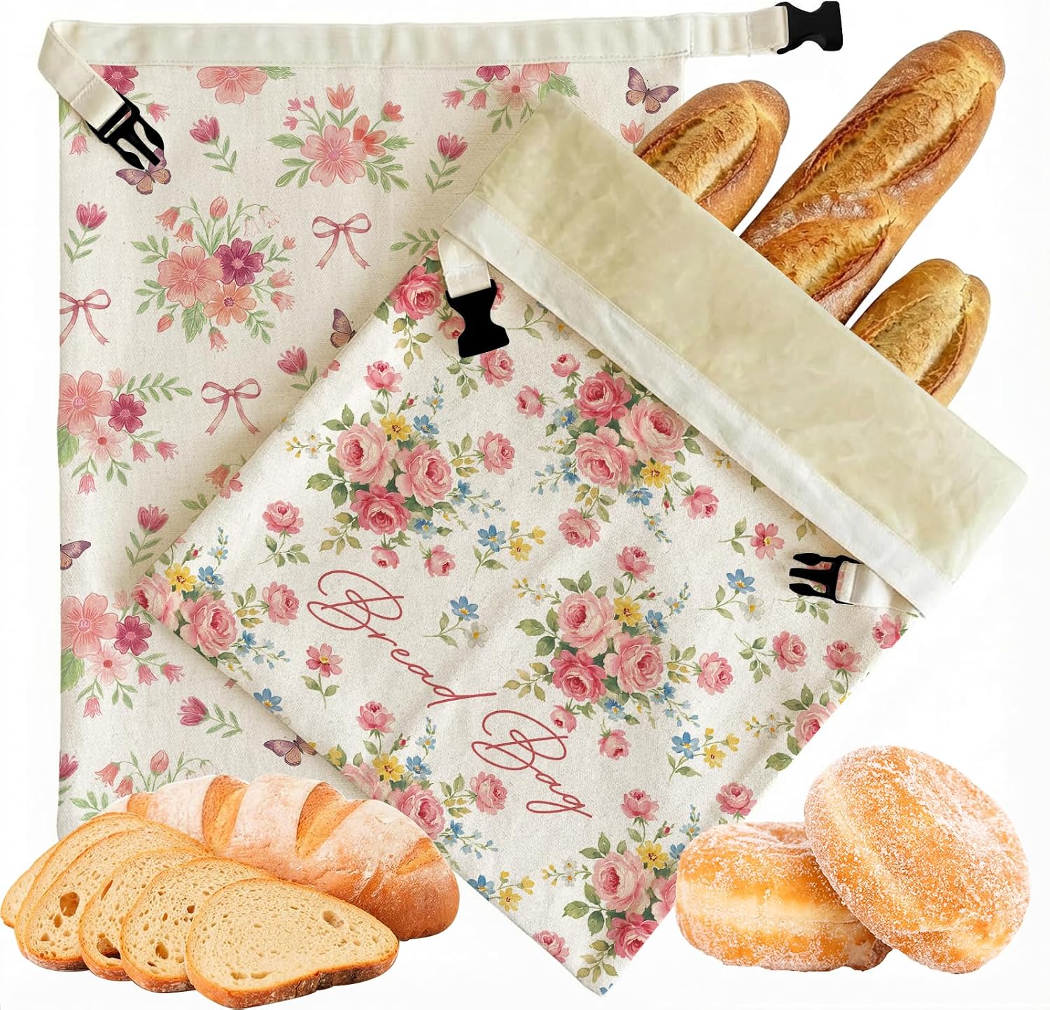 2 Pack Beeswax Bread Bags for Sourdough, 17x13 Inch Reusable Linen Beeswax Bread Bag with Buckle to Keeps Homemade Bread Freshness for Food Storage(Pink Floral)