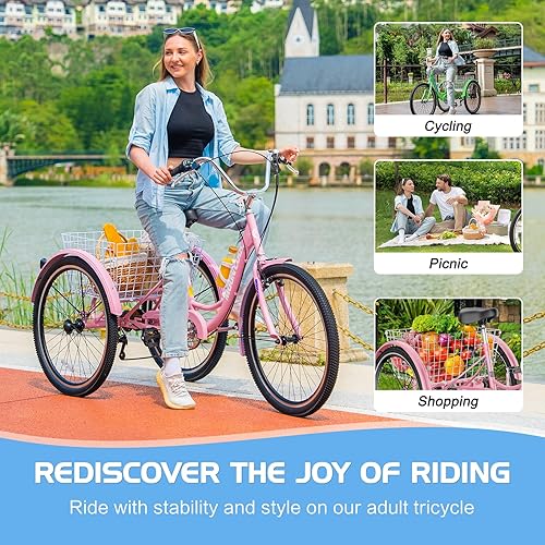 Miniatura 2 de Slsy Triciclos para adultos de 7 velocidades, triciclos para adultos de 202426 pulgadas, bicicletas de 3 ruedas, triciclo de crucero con cesta de la