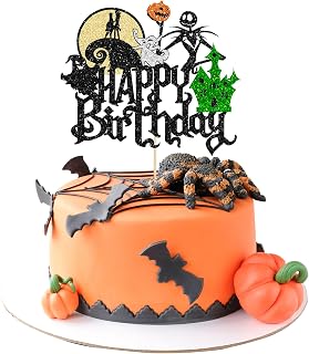 Gyufise 1Pcs Halloween Happy Birthday Cake Topper Glitter Jack and Sally Pumpkin Bat Castle Ghost Cake Pick for Theme Baby Shower Kids Birthday Party Cake Decorations