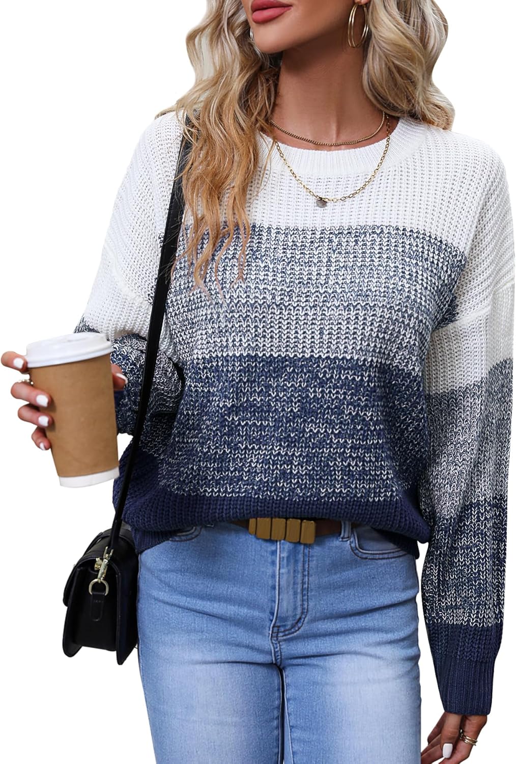 Women's Striped Color Block Sweater Long Sleeve Crewneck Casual Loose Fit Soft Knit Sweater Pullover Tops