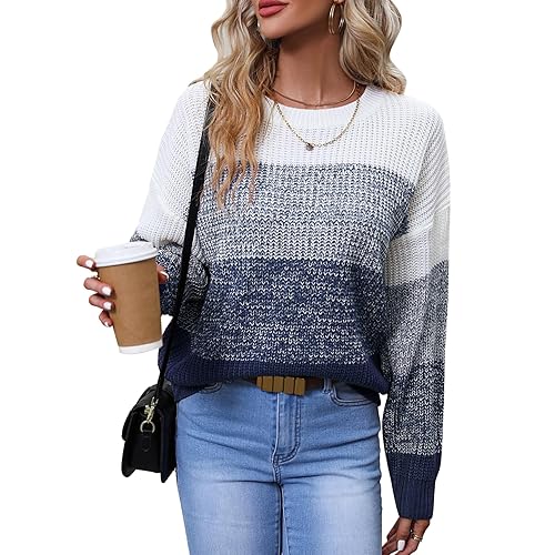 QIANSIQIANBO Women's Striped Color Block Sweater Long Sleeve Crewneck Casual Loose Fit Soft Knit Sweater Pullover Tops - XX-Large - Navy Blue
