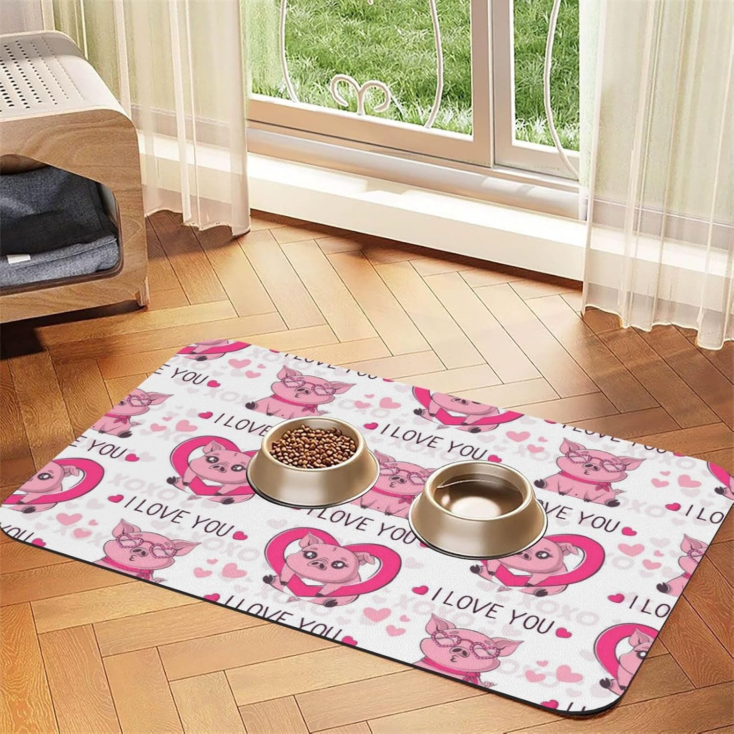 Valentine's Day Love Pig Leather Absorbent Pet Feeding Mat Non-Slip for Dogs Cats 40x60cm