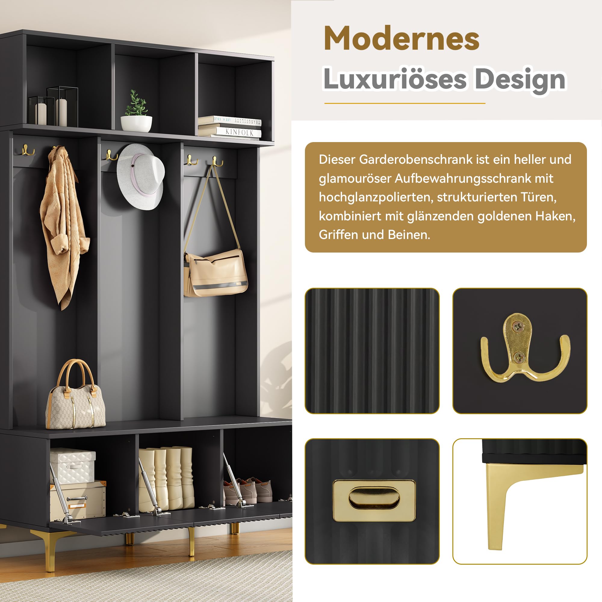 Ymkua Garderobenset Wandgarderobe, Flurgarderobe Set mit offene Aufbewahrung, Garderoben Set mit 6 Goldene Haken und Türen, Kompaktgarderobe, Wandgarderobe, B120/D23.5/H191.5 cm (Schwarz)