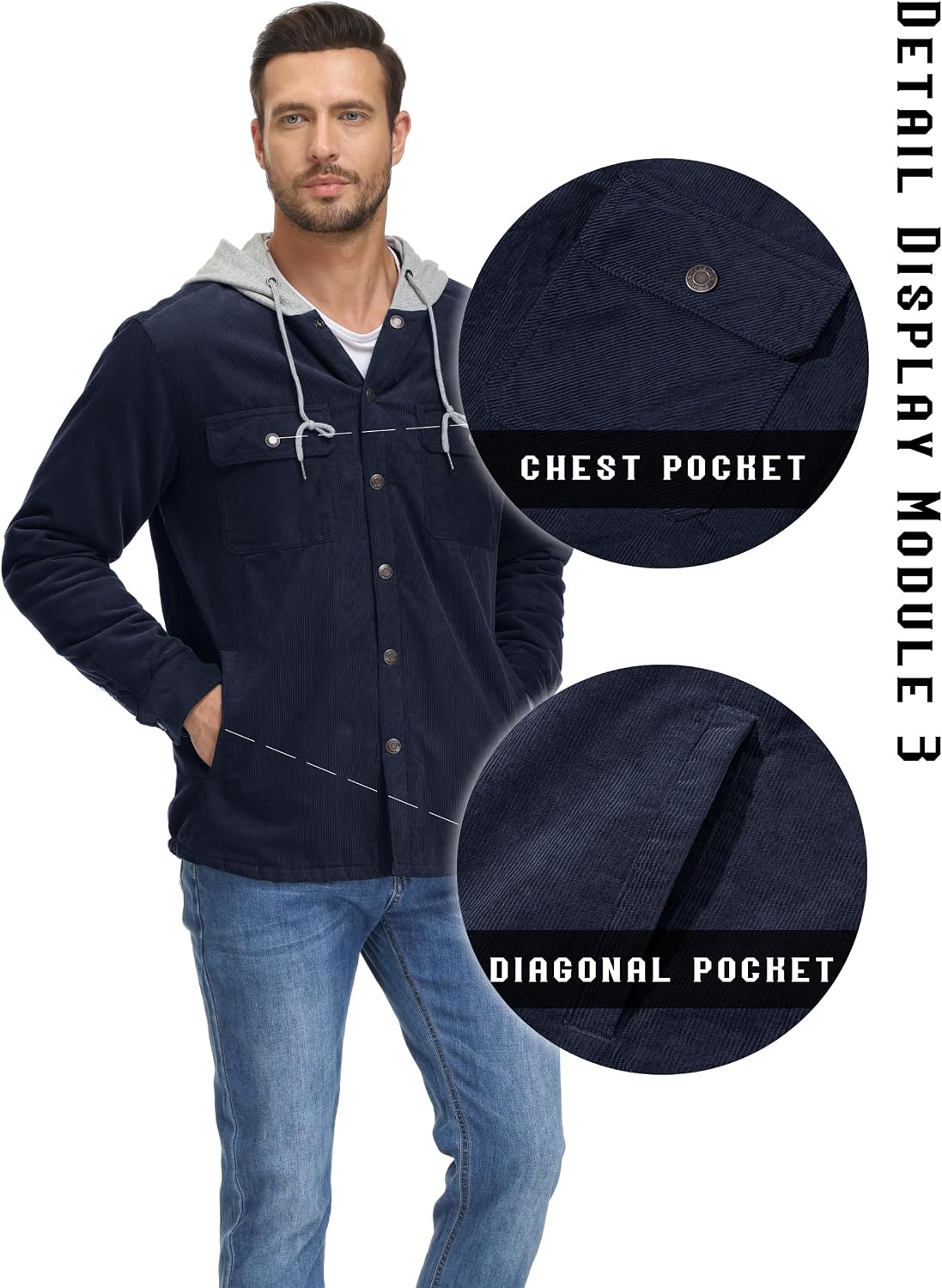 TACVASEN Men's Hooded Corduroy Jacket Quilted Lined Cotton Fleece Padded Casual Winter Outwear