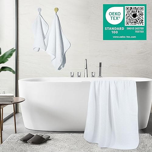 Miniatura 4 de POLYTE Juego de 6 toallas de baño de microfibra de secado rápido sin pelusas, de gran tamaño, 60 x 30 pulgadas, color blanco, tejido gofre