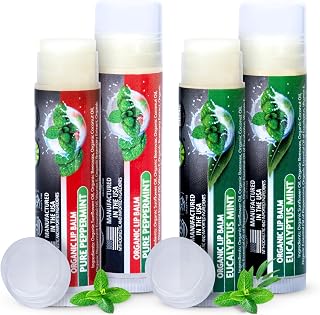 Organic Lip Balm Chapstick Bulk 4 Pack – Peppermint & Eucalyptus Mint – Natural Beeswax Lip Balm – Moisturizer for Very Dry, Chapped Lips