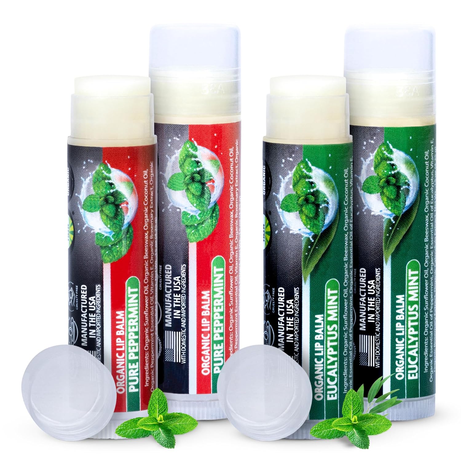 Organic Lip Balm Variety 4 Pack Peppermint Eucalyptus Mint Chapstick Set Moisturizing for Dry Lips For Men and