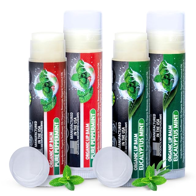 Organic Lip Balm Variety 4 Pack Peppermint Eucalyptus Mint Chapstick Set Moisturizing for Dry Lips For Men and