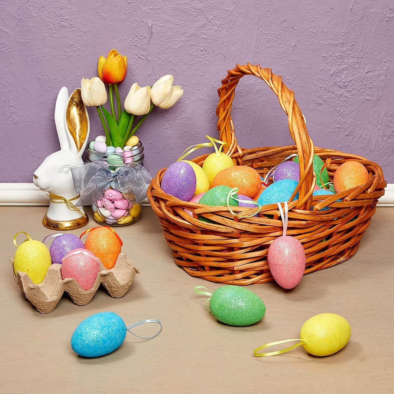 Juvale Sparkly Easter Egg Ornaments - 36-Pack, 6 Assorted Glitter Colors - Plastic & Glitter Eggs for Easter & Spring Decor, Tree Ornaments
