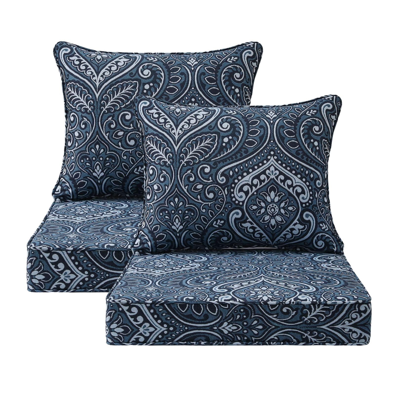 outdoor patio chair cushions set, 22" x 22", set of 2, water-repellent, fade resistant, deep seat bottom and back cushion for backyard, couch, sofa and patio furniture, damask blue flower
