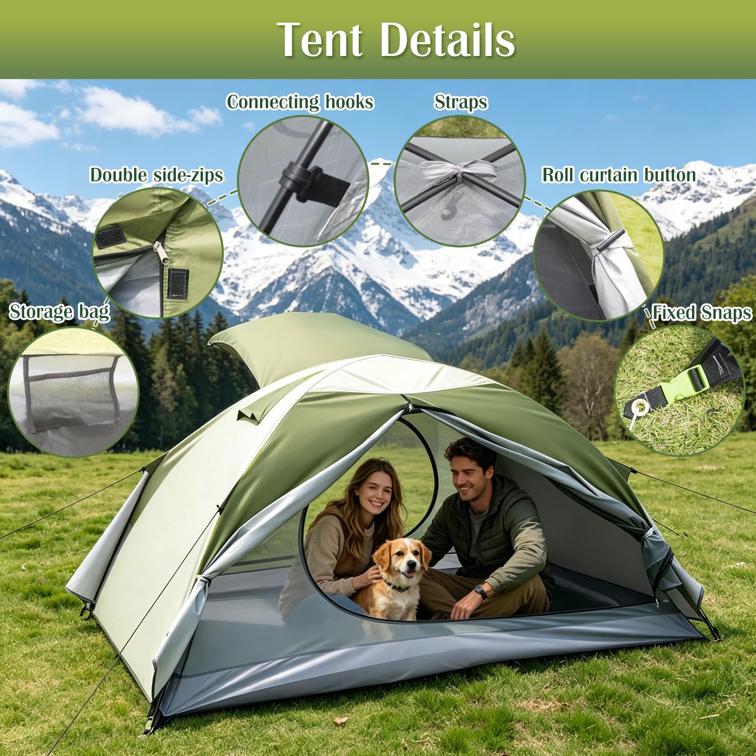 Tienda de Campaña 1-2 Personas, Doble Capa Acampar Tienda con Ventilación, Ultraligera, Impermeable (3000 mm), Fácil de Instalar, 3-4 Estaciones, Ideal para Camping, Senderismo, Trekking