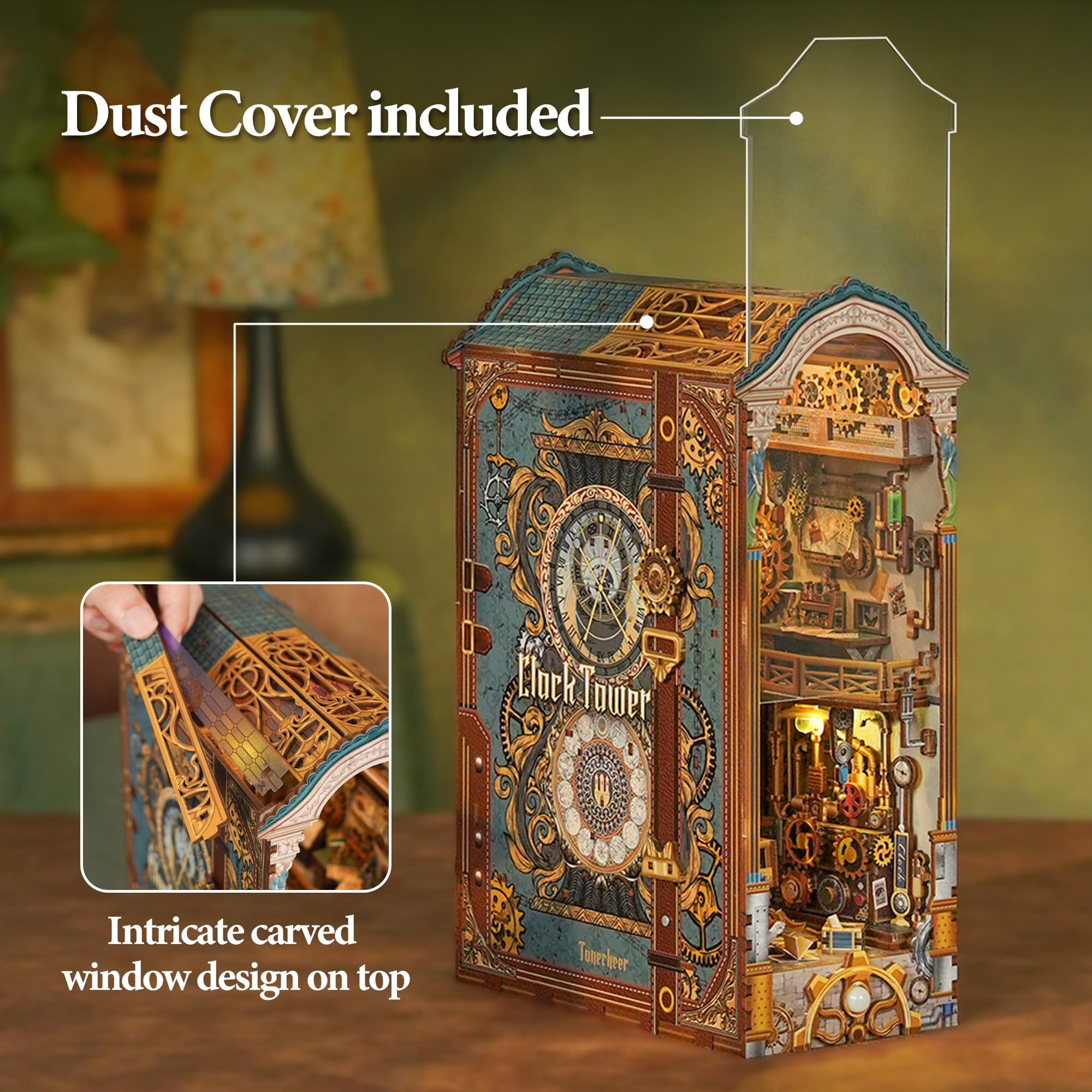 Tonecheer Book Nook Kit con protezione antipolvere e luce LED, Torre dell'orologio 3D puzzle fermalibri in legno, parti mobili e rotanti, fermalibri creativi per biblioteca, set fai da te per adulti