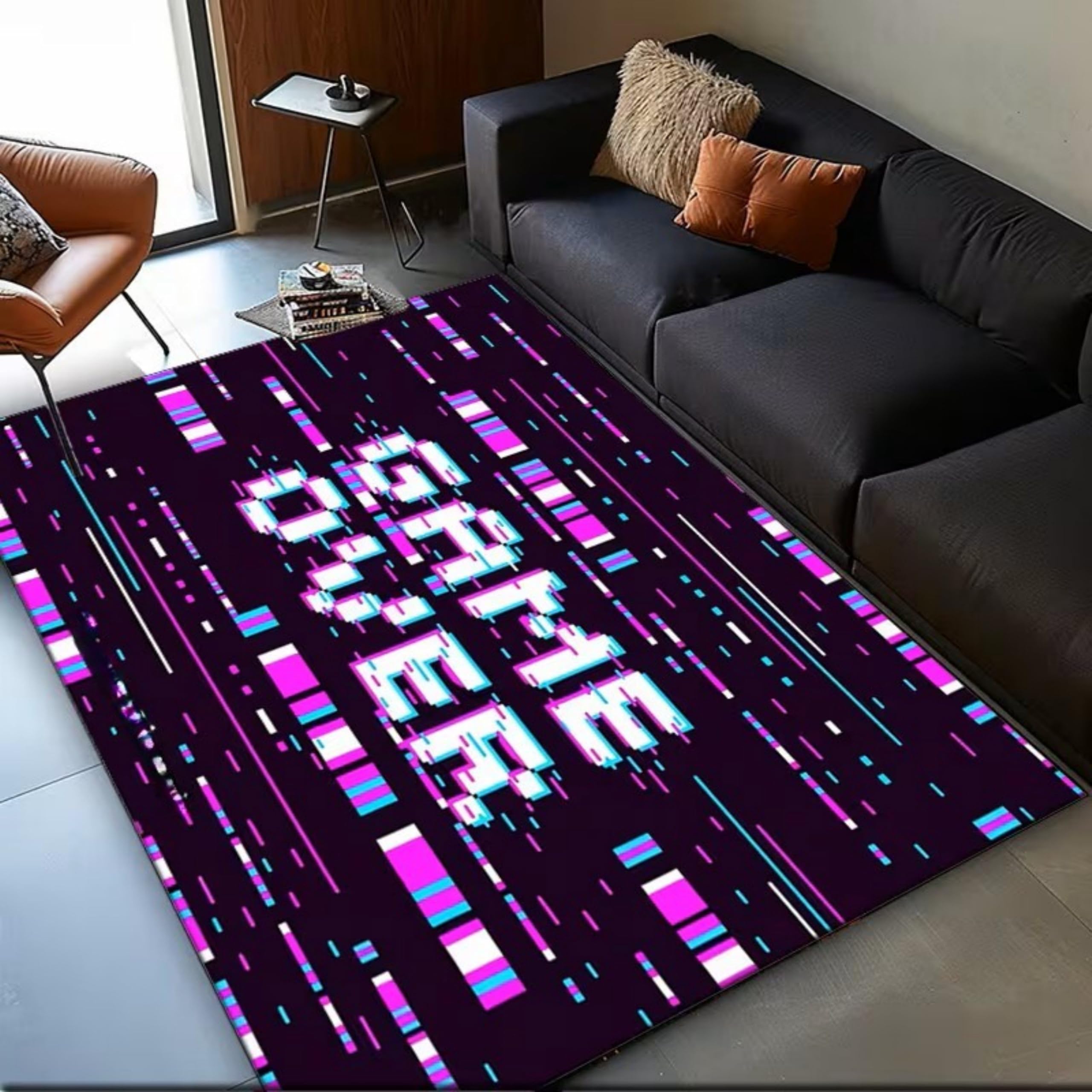 SOJAWA Glitch Area Rug 150x180cm White Misaligned Glitch Font Gaming Rug, Modern Simple Game Mat, Suitable for Bedroom, E-Sports Room, Washable Non-Slip Rugs, Dormitory Decoration