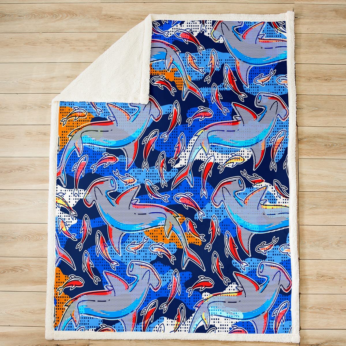 Coperta Sherpa, coperta in pile marino, con motivo a balena, per ragazzi, ragazze, bambini, creature colorate, per divano letto, queen 200 x 200 cm