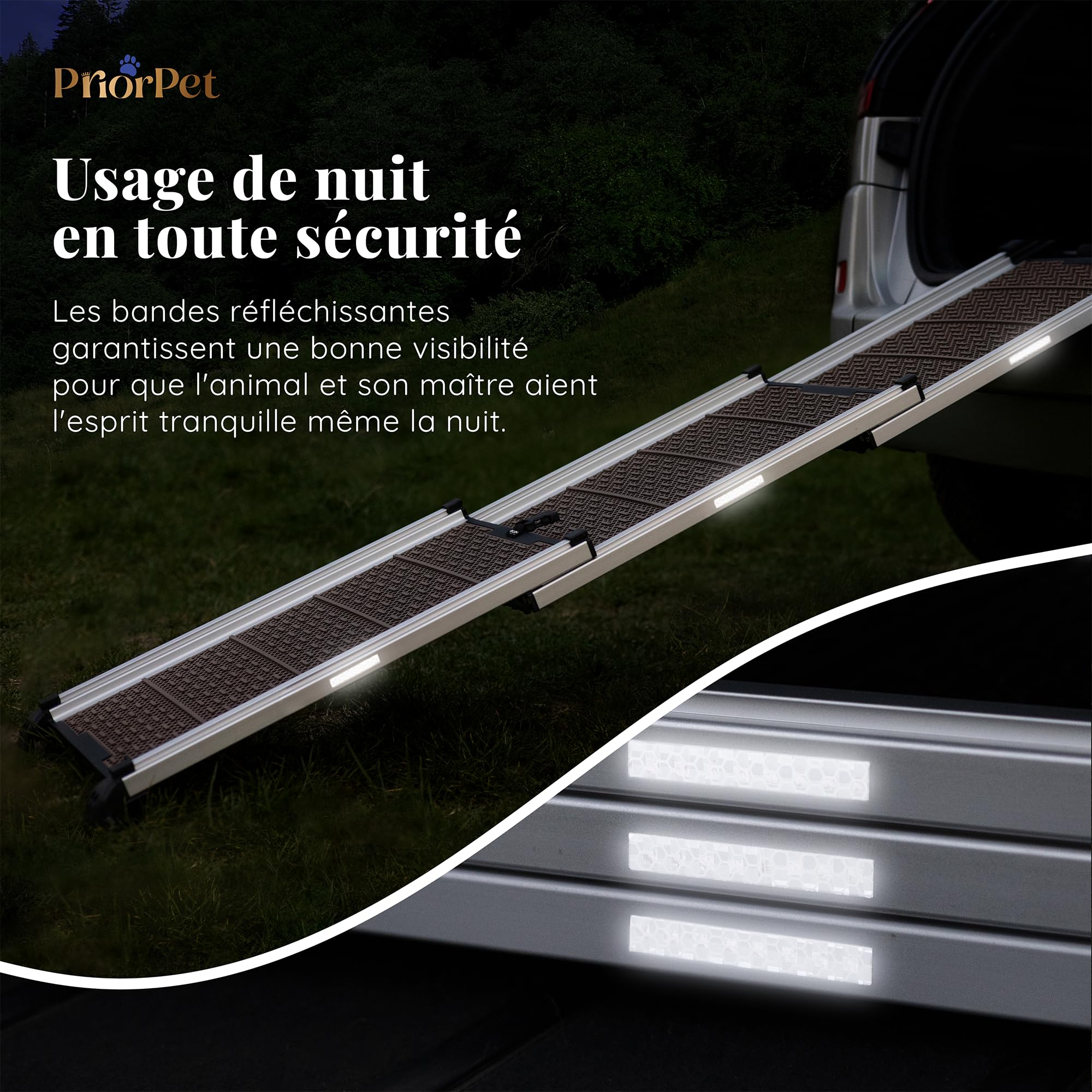 Rampe pour Chien Voiture, SUV - Stable - Antidérapante - Capacité 90kg - Design Compact - Rampe Télescopique pour Grands Chiens - Bordures Réfléchissantes pour la Sécurité - Clip de Fixation - Sable