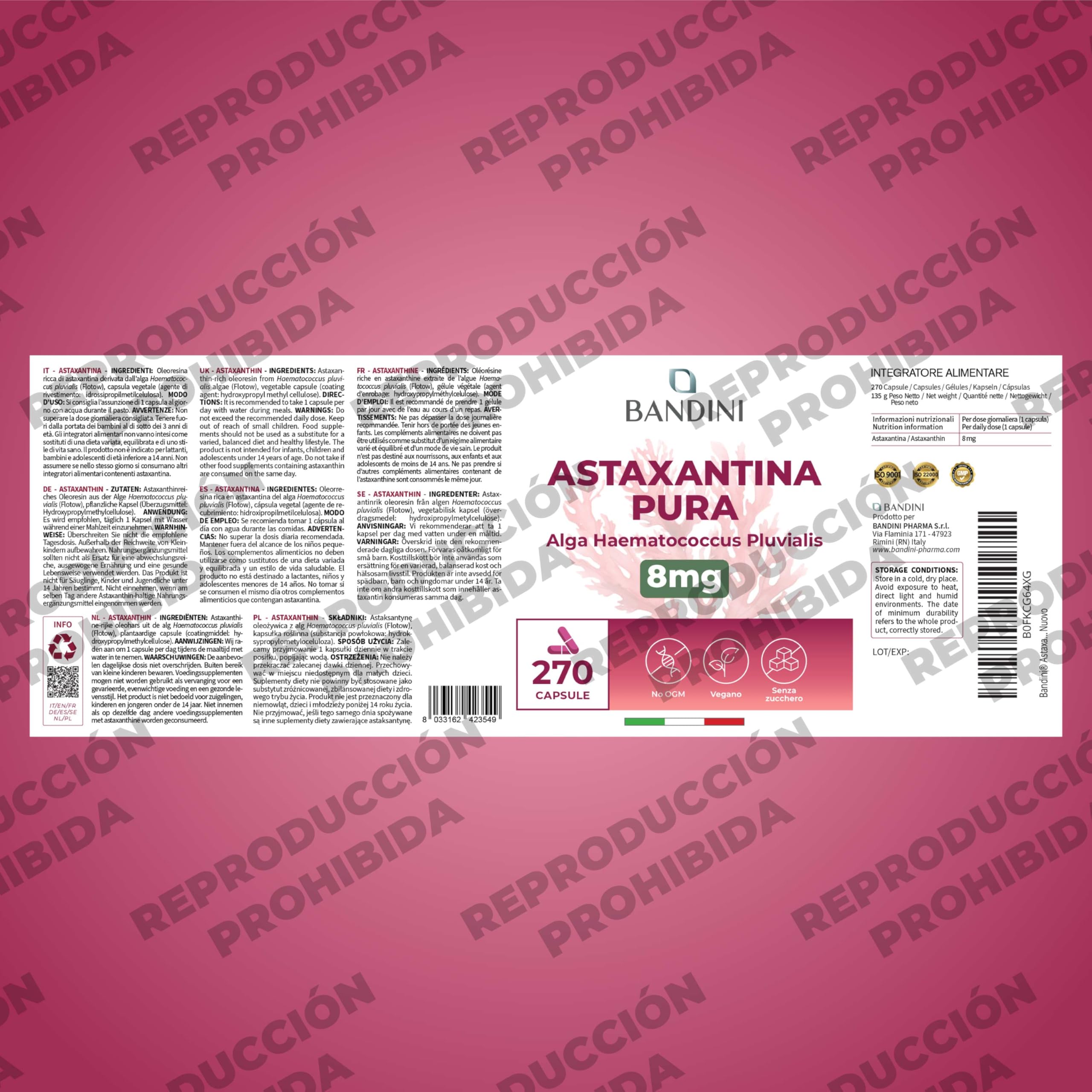 Bandini® Astaxantina pura 270 cápsulas | Oleorresina rica en astaxantina del microalga Haematococcus pluvialis | Potente Antioxidante Natural 8 Mg por dosis diaria | Sin OMG | Suministro para 9 meses