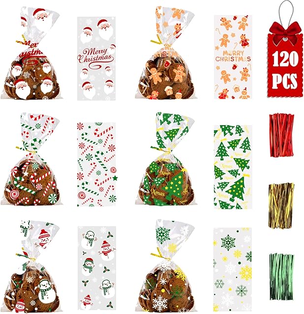 DIYDEC 120pcs Christmas Cellophane Candy Bags,Xmas Clear Treat Sweet Goody Bags with Twist Tie for Christmas Party Supplies