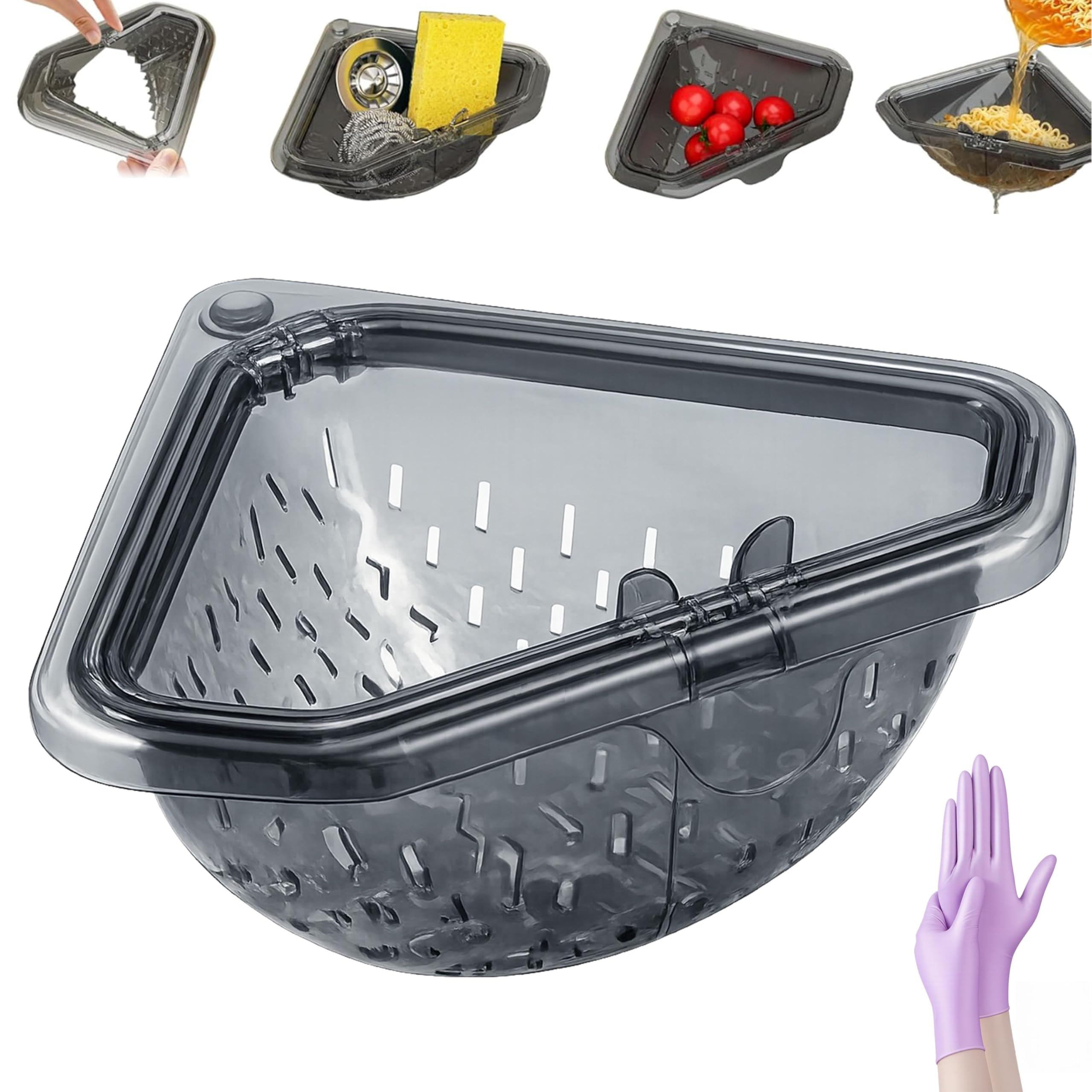 Magnetic Corner Sink Strainer Basket with Twist-Open Bottom, 6.69" Triangular Drain Rack for Food Scraps, Sponge Holder & Quick-Rinse Produce Basket, No-Drill Mount with Adhesive Metal Plate, ABS (1)