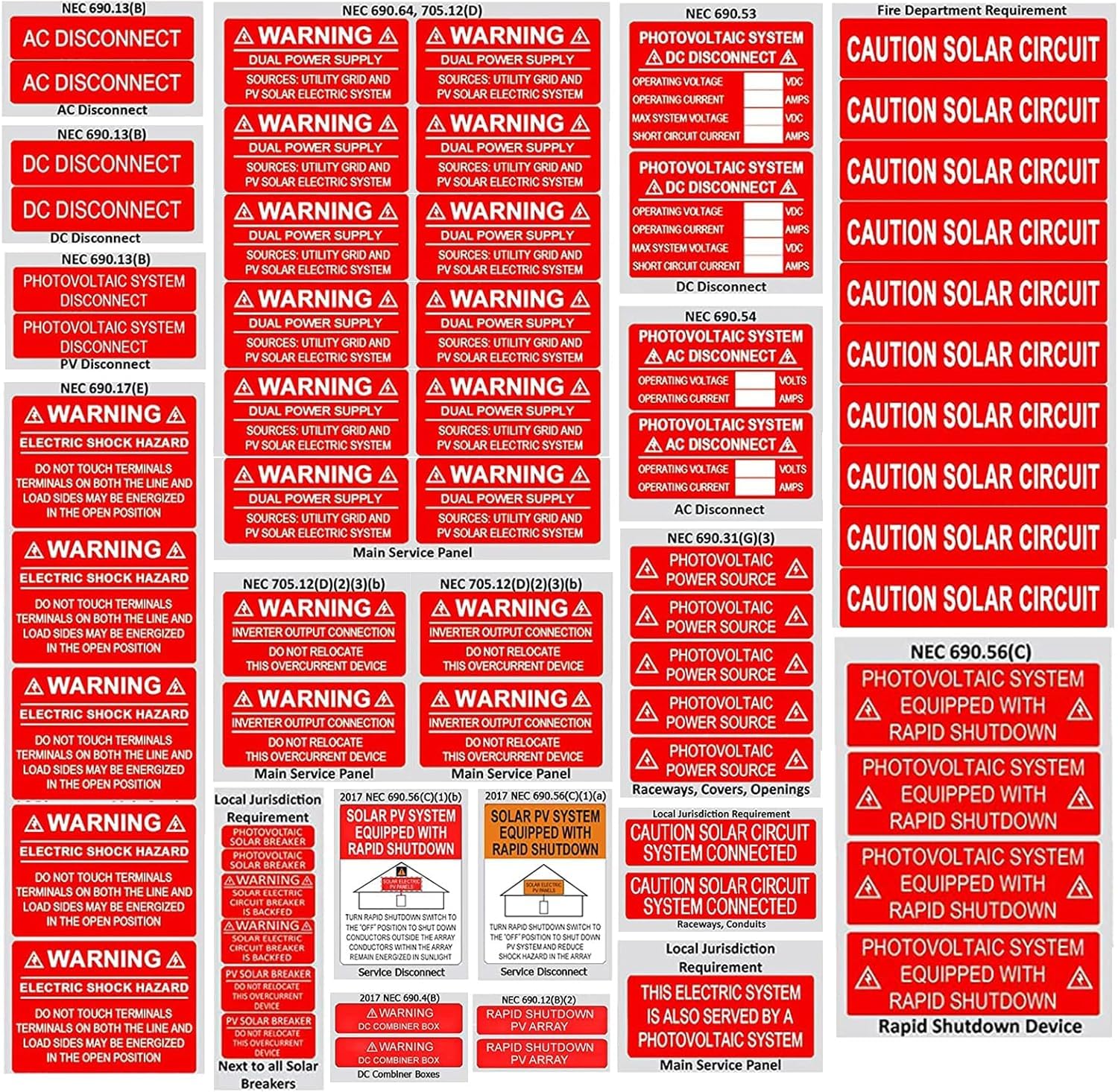 Paquete de 62 etiquetas solares de seguridad eléctrica fotovoltaica (5 rollos), aprobadas por ANSI/ISO, resistentes a los rayos UV, para sistemas fotovoltaicos, apagado rápido, advertencia de
