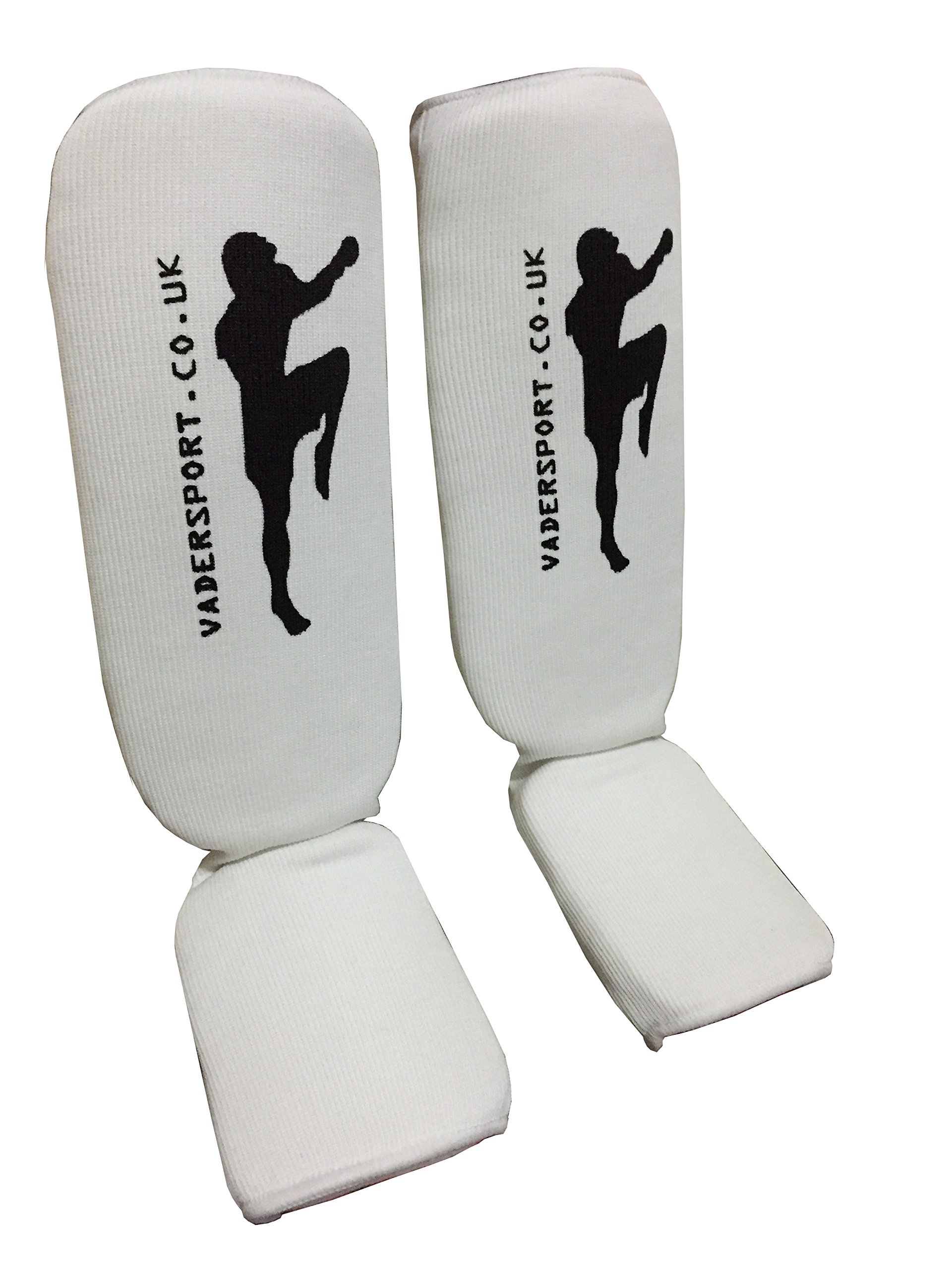 Elasticated white Shin and instep pads for Karate Muay Thai MMA UFC Taekwondo Adult/kids kick boxing shin and instep pads.